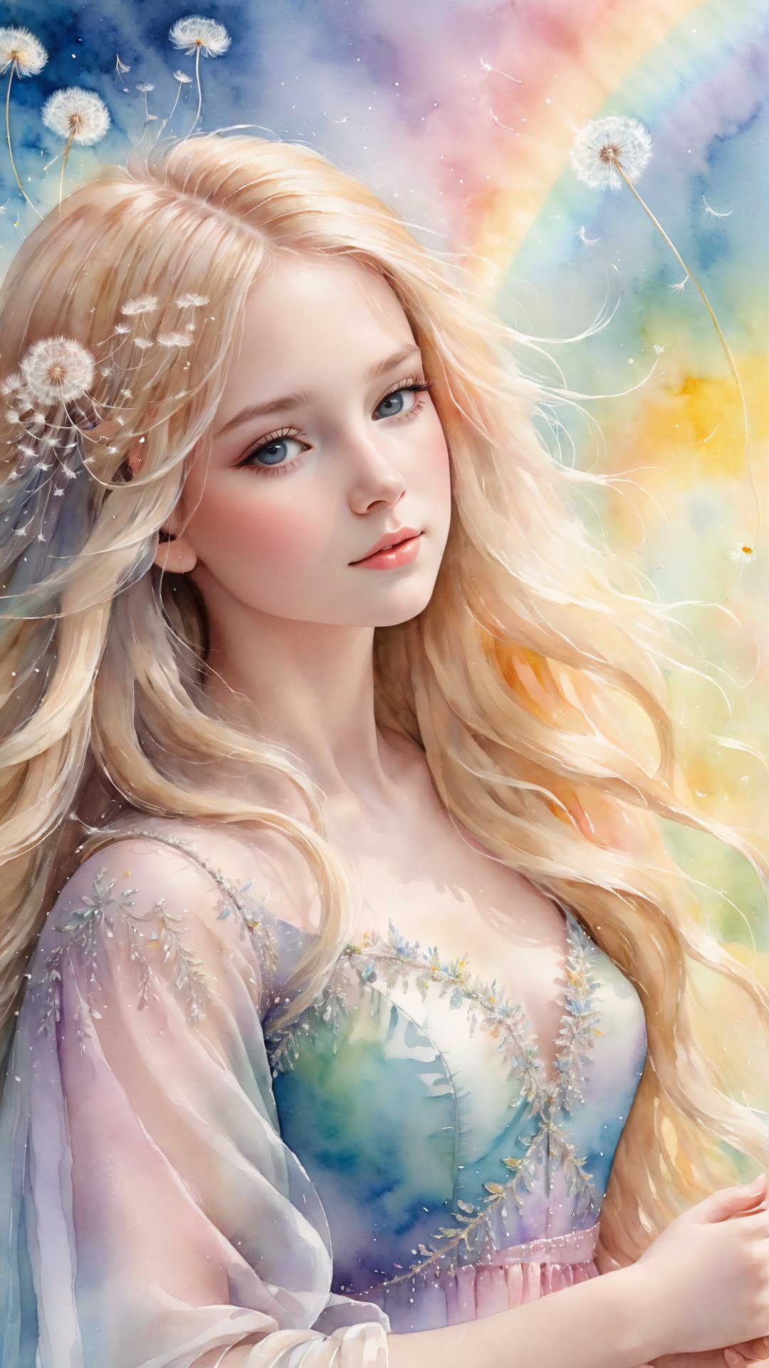 A mesmerizing English watercolor illustration of a tender and charming young girl with long blonde hair, adorned with delicate dandelions and pastel rainbow colored dress and accented with silver ink details. The girl stands gracefully amidst a gentle haze, surrounded by a blend of vibrant and soft lighting that creates an ethereal atmosphere. The high-resolution, 4K artwork captures intricate details and a lifelike portrayal of the scene, resulting in a visually captivating and aesthetically pleasing piece that transcends the boundaries of traditional color, illustration, poster, and conceptual art., conceptual art, illustration, painting, poster