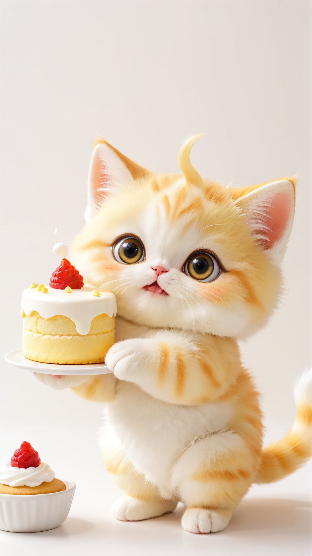 A cute fluffy big eyes so charming and adorable little fuzzy yellow white fat kitten,  holding a little cream cake enjoy t...