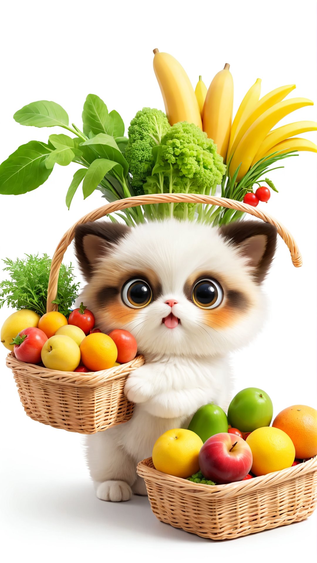 A cute fluffy big eyes so charming and adorable little fuzzy pet,  Carrying a basket full of fruits and vegetables and enj...