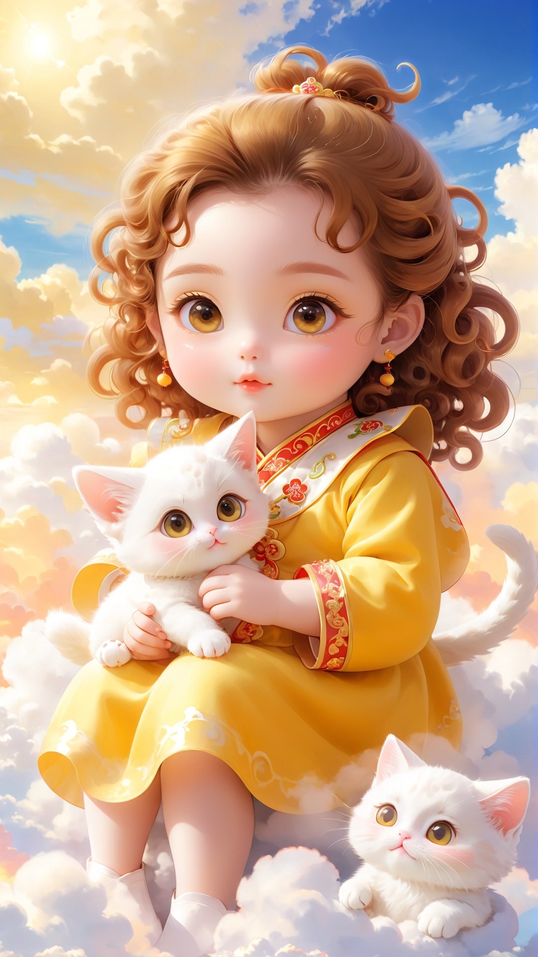 A cute little girl in yellow traditional Chinese is holding an adorable white kitten baby,  sitting on the clouds with her...