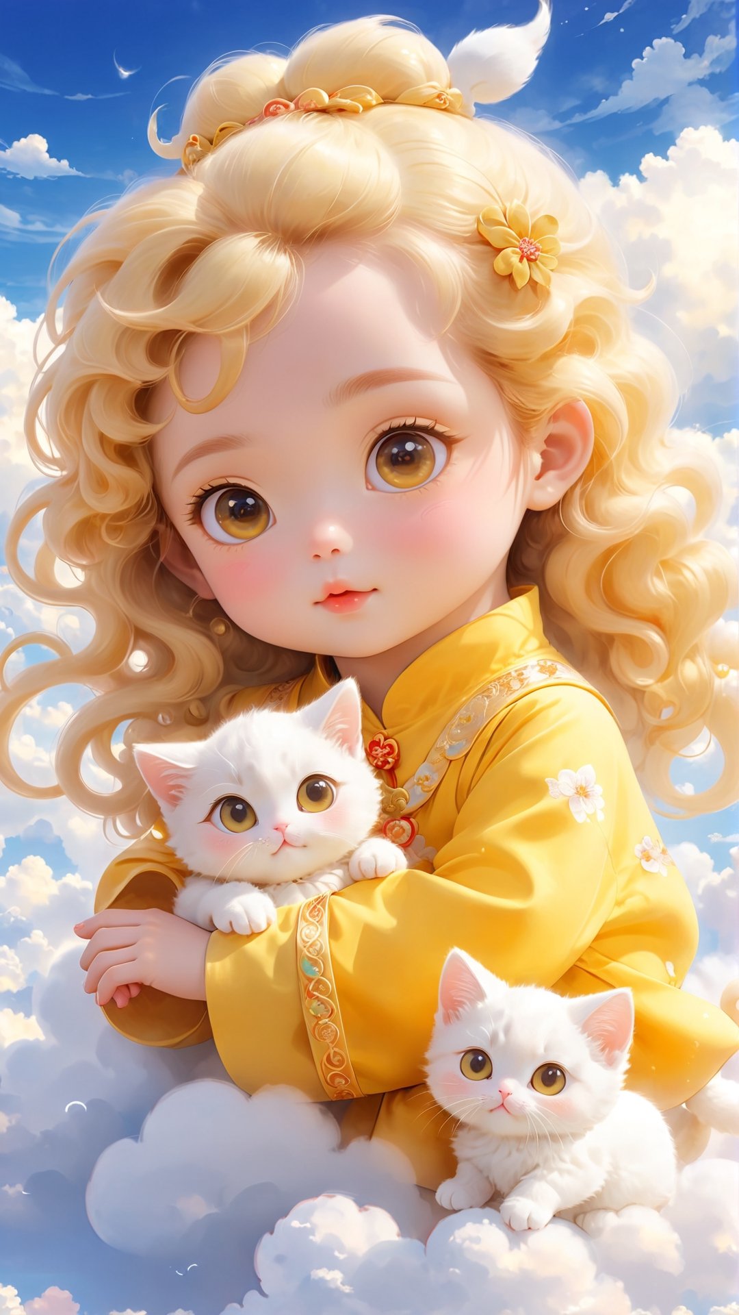 A cute little girl in yellow traditional Chinese is holding an adorable white kitten baby,  sitting on the clouds with her...