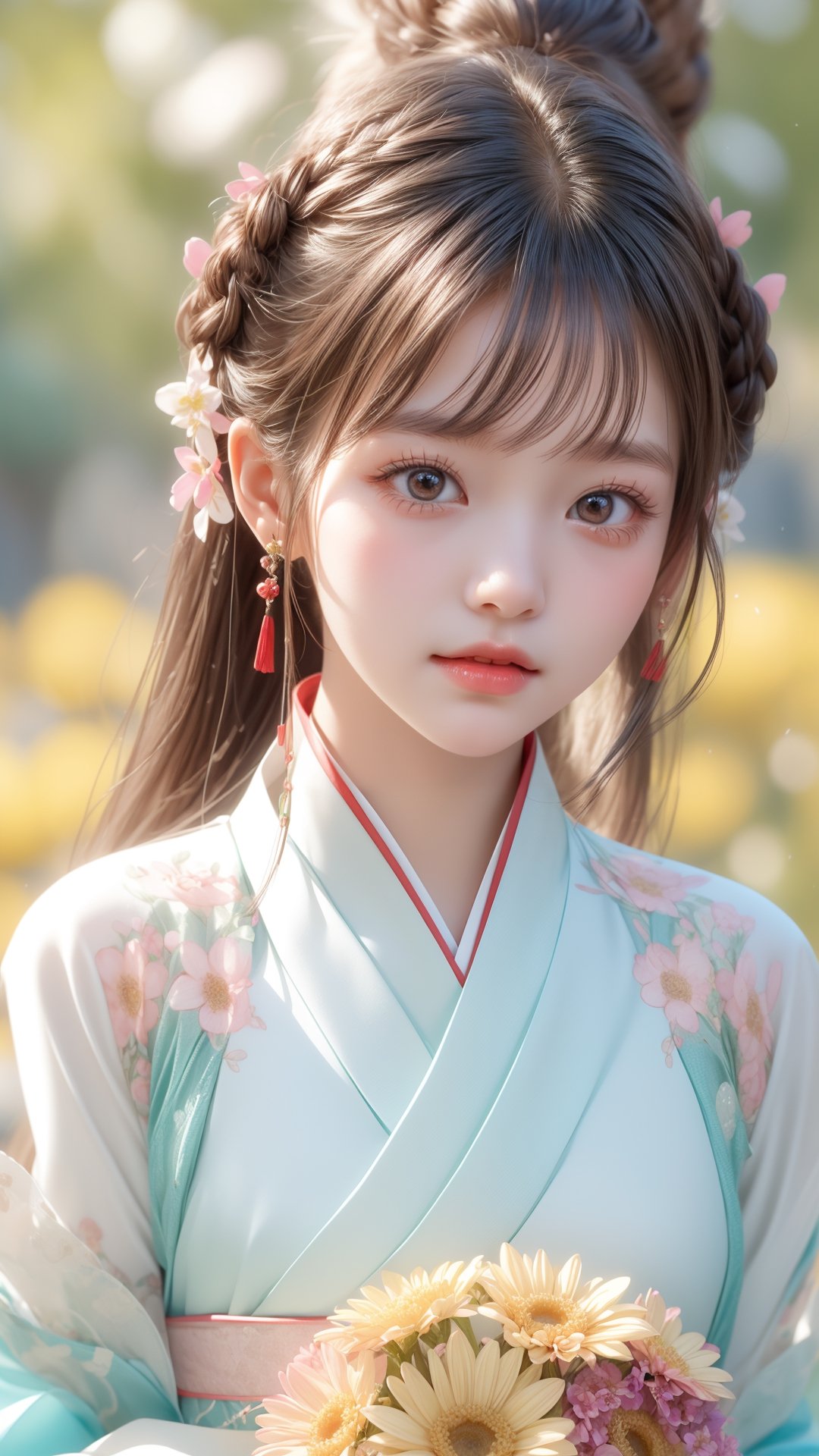 The flowers are blooming,  and a five-year-old girl is wearing a light yellow Hanfu. She is very cute and has a cute and b...