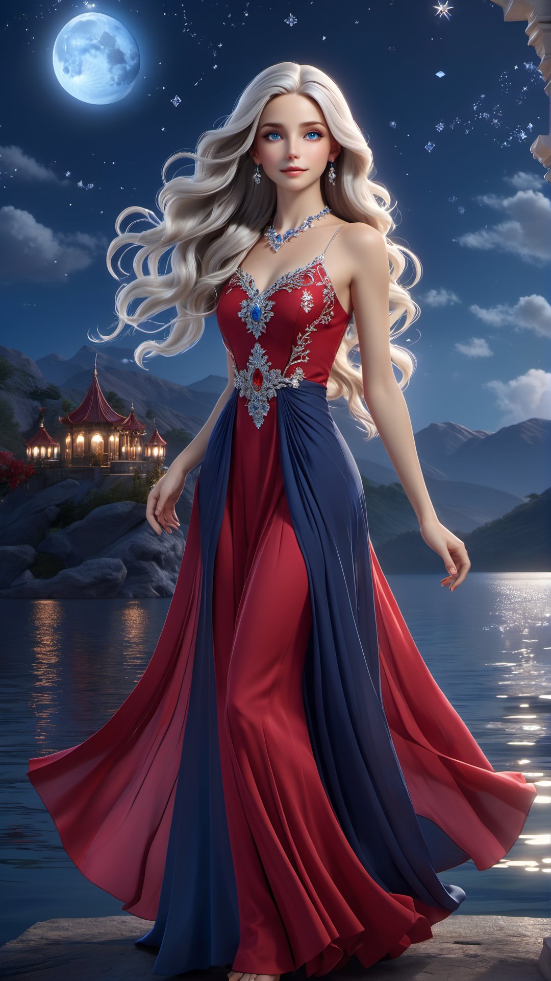 A stunning 3D render of the character Lilia, a graceful and mysterious woman. Lilia has long, flowing silver hair and enchanting deep blue eyes. She is adorned with elegant jewelry and a flowing, ethereal red dress that shimmers like the night sky. The background shows a serene night scene with a full moon, a calm lake, and a starry sky above. The overall atmosphere is magical and captivating, as if Lilia herself embodies the essence of a celestial being., photo, 3d render