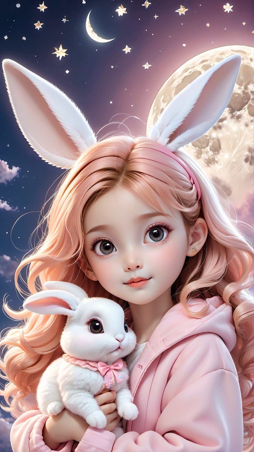 A cute little girl in pink traditional is holding an adorable white rabbit baby, sitting on the clouds with her face looking at you. The background of a full moon night and bright sky stars creates a dreamy atmosphere. She has big eyes, curly hair, rosy cheeks, orange , exquisite details, and high-definition wallpaper. 