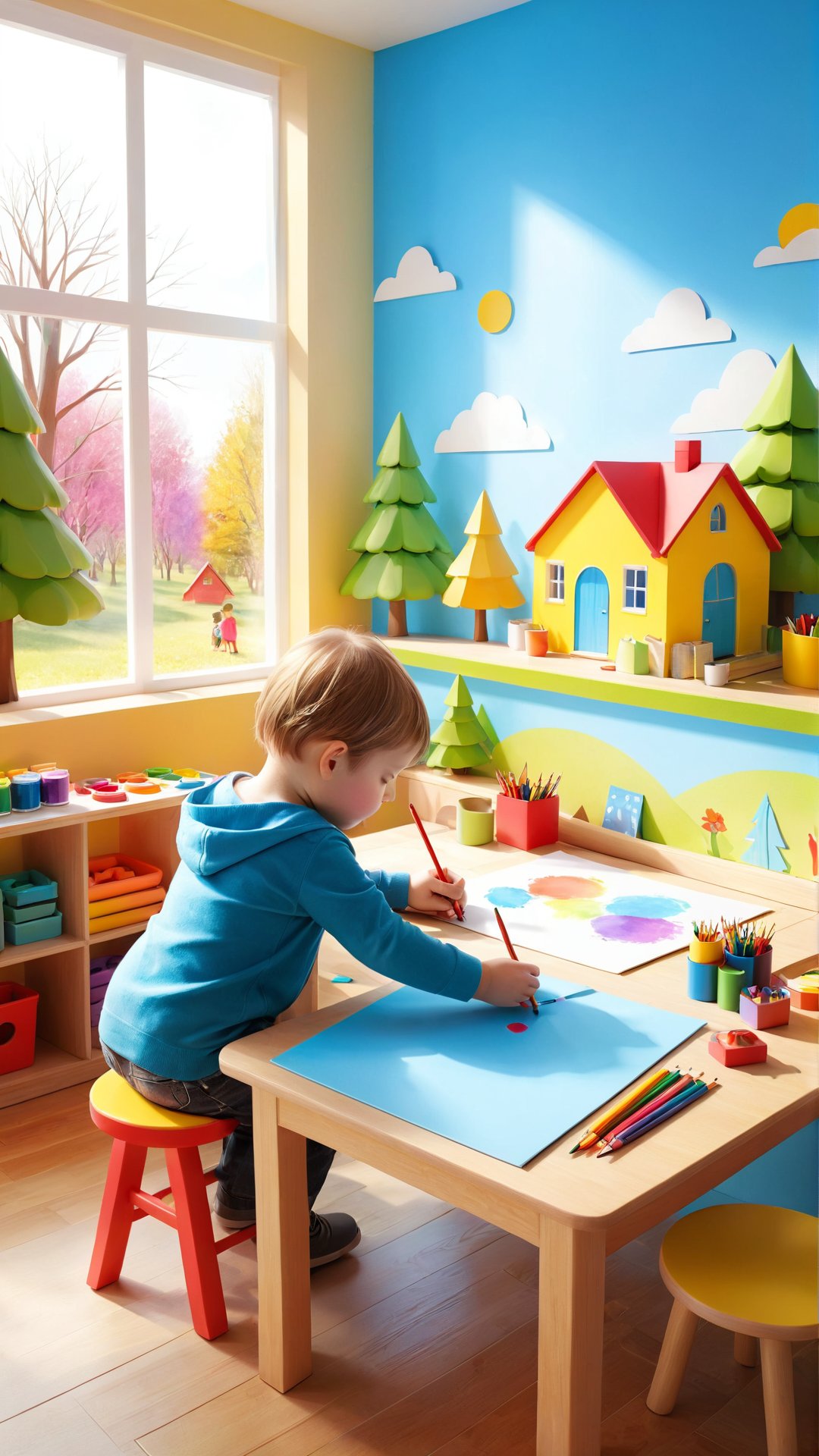 Imagine and create an engaging scene of a young child drawing at a cosy,  sunlit table filled with colourful art supplies....
