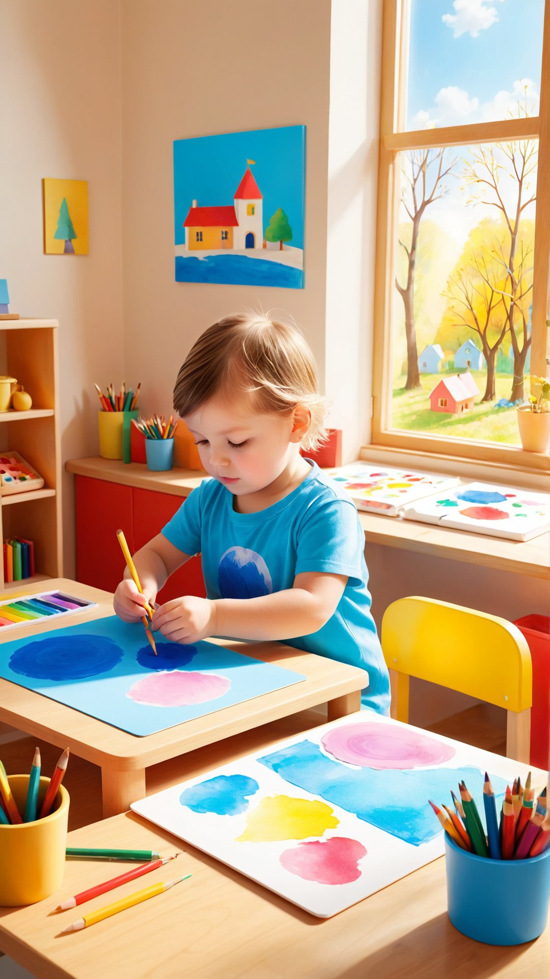 Imagine and create an engaging scene of a young child drawing at a cosy,  sunlit table filled with colourful art supplies....