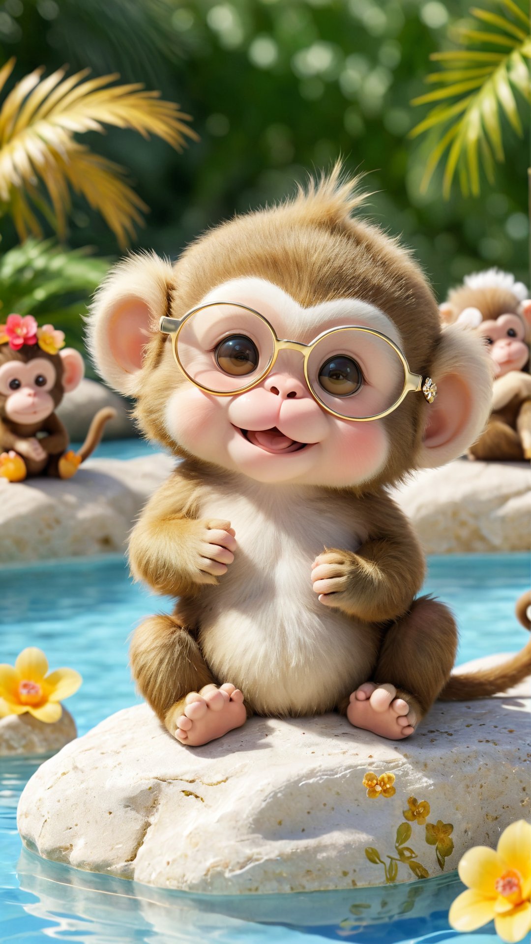 A cute, fluffy baby monkey with soft, white fur lounging playfully on a smooth rock by a poolside. The monkey is wearing adorable, round, gold-framed glasses with little floral embellishments on the sides, adding a touch of whimsy to its look. Its tiny hands rest under its chin as it puckers its lips, giving a playful, almost human-like expression. The background is slightly blurred, featuring a pool with people in the distance, which emphasizes the focus on the charming and adorable monkey. The overall scene is bright, cheerful, and full of light-hearted, playful energy, capturing a moment of pure joy and cuteness., cinematic, photo