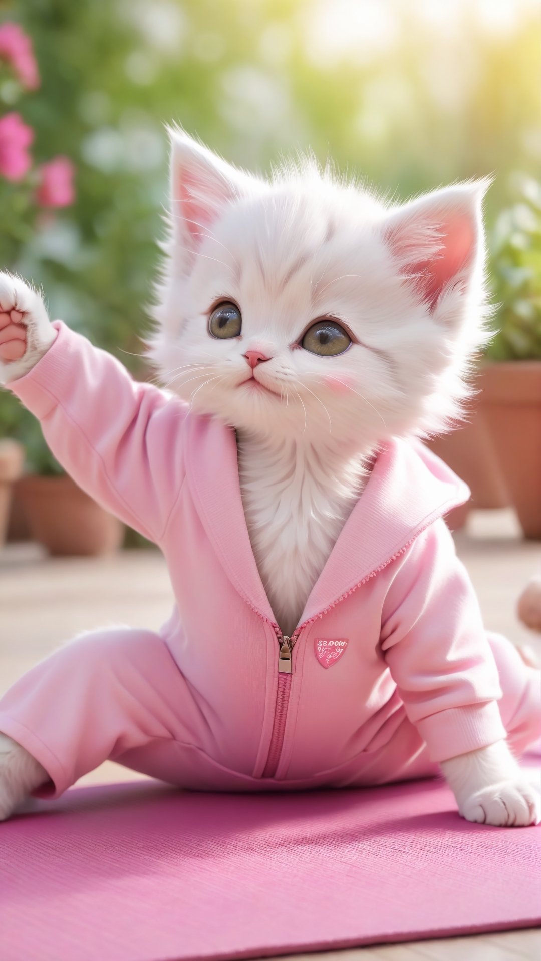 Flowers blooming, an adorable kitten wearing pink yoga suits in yoga pose and another yoga pose, turn around the head, raise your feet doing a yoga on yoga mat,photo real,classic composition,masterpiece,exquisite,color correction,amazing visual effects,crazy details,Hold your hands on the ground and do a handstand,intricate details,sharp focus,HD, yoga pose, flowers blooming fantastic amazing and bokeh background, depth of field 