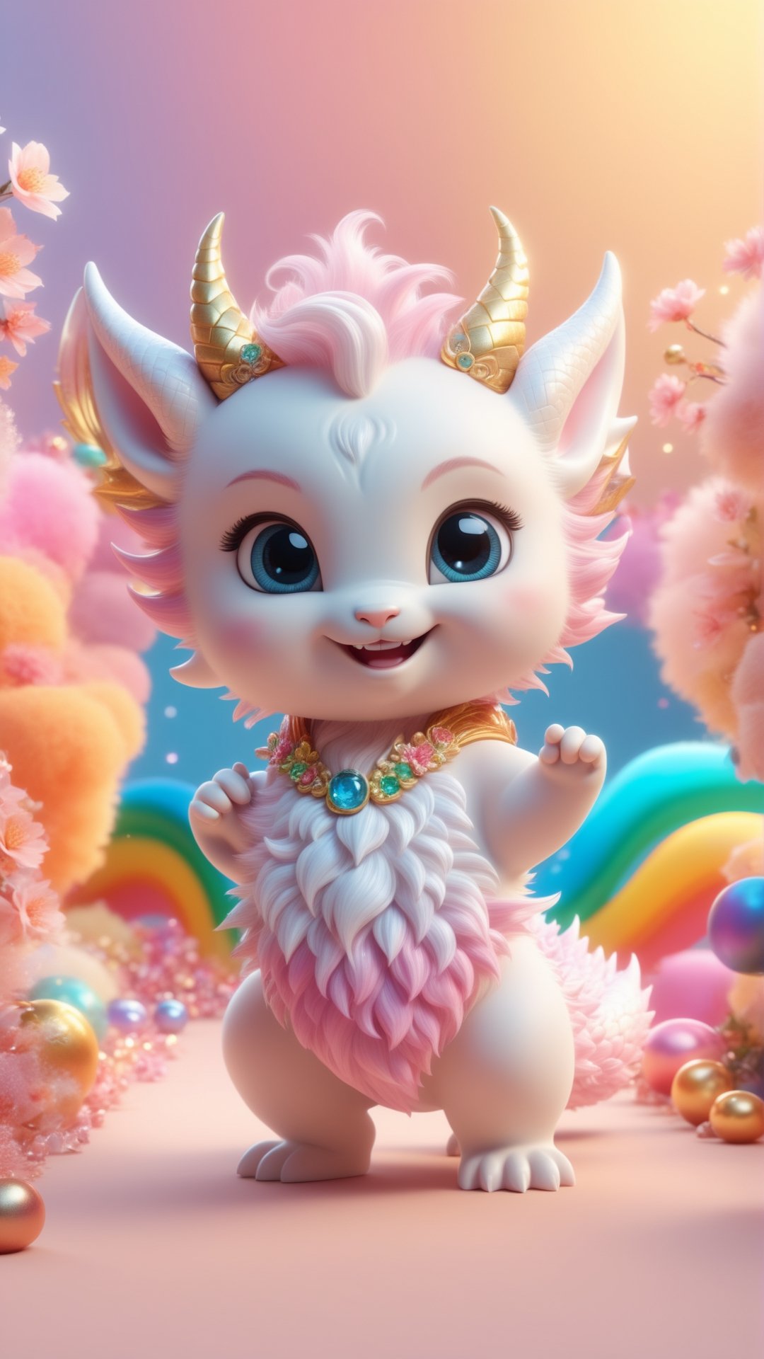 Cartoon character design, a rainbow-colored super cute chibi drago baby with a fluffy tail, wearing silver white New Year's dress, colorful bright big eyes, learning to walk, cute stance, two cute golden dragon horns on the head and two peach blossoms, enchanting, fluffy, shiny mane, petals, fairyism, pixar style, smile happily, anthropomorphic, Key Visual, Beautiful Back Lighting, Bright Pastel Colors, Soft and clean white pink background, trending on artstation, illusory engine 5 and octane render, high definition aesthetic pictures, 4k , hd 