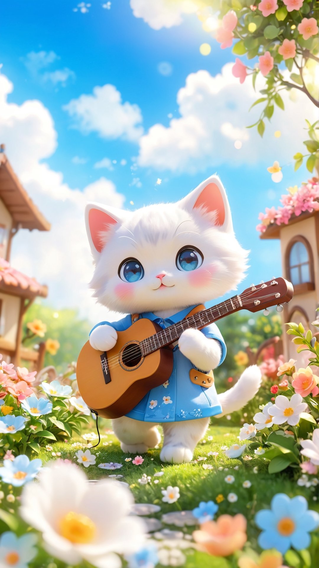 Chibi mascot includes the best quality, Beautiful soft light, (beautiful and delicate eyes), very detailed, Cute Kitten wears casual, playing the guitar in the flowers bloom garden, full body, real photo, cinematic,Xxmix_Catecat, lighting bokeh and flowers bokeh as background, blue sky and white clouds