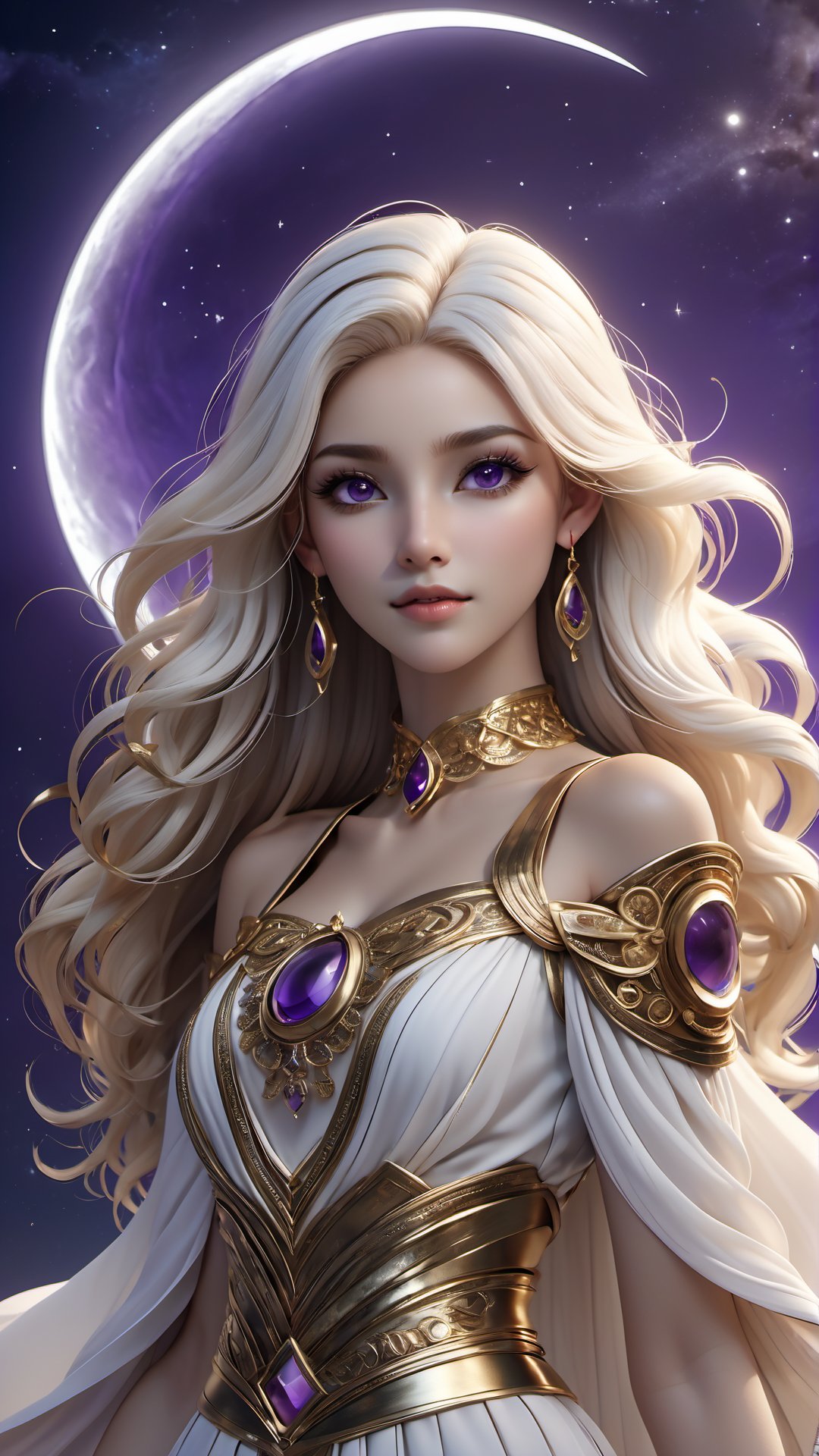 Design a female character, fair skin, white hair, long wavy hair, Tiara with a crescent moon in the center, golden tiara,purple eyes,Hourglass shaped body, long dress,Beautiful ancient Greek dress, Vaporous dress, waving in the wind,strappy heeled sandals, bracelets with intricate details Gold colored bracelets, choker with intricate details, choker in gold color, has a bright white aura,Ancient Greek temple, midnight, multiple stars in the sky,Crescent moon,FULL BODY, HIGTH DETAILED 8K, FULL UHD, 3d render, typography, cinematic, illustration, fashion, architecture, dark fantasy