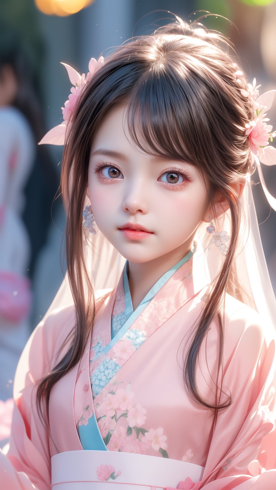 The flowers are blooming,  and a five-year-old girl is wearing a light pink Hanfu. She is very cute and has a cute and bea...