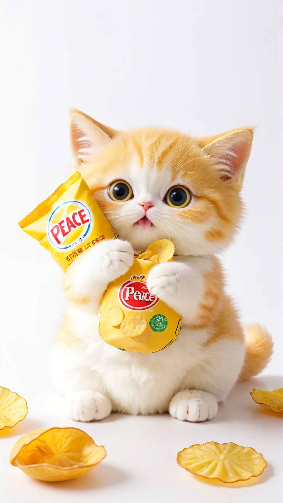 A cute fluffy big eyes so charming and adorable little fuzzy yellow white fat kitten,  holding a peace potato chips enjoy...