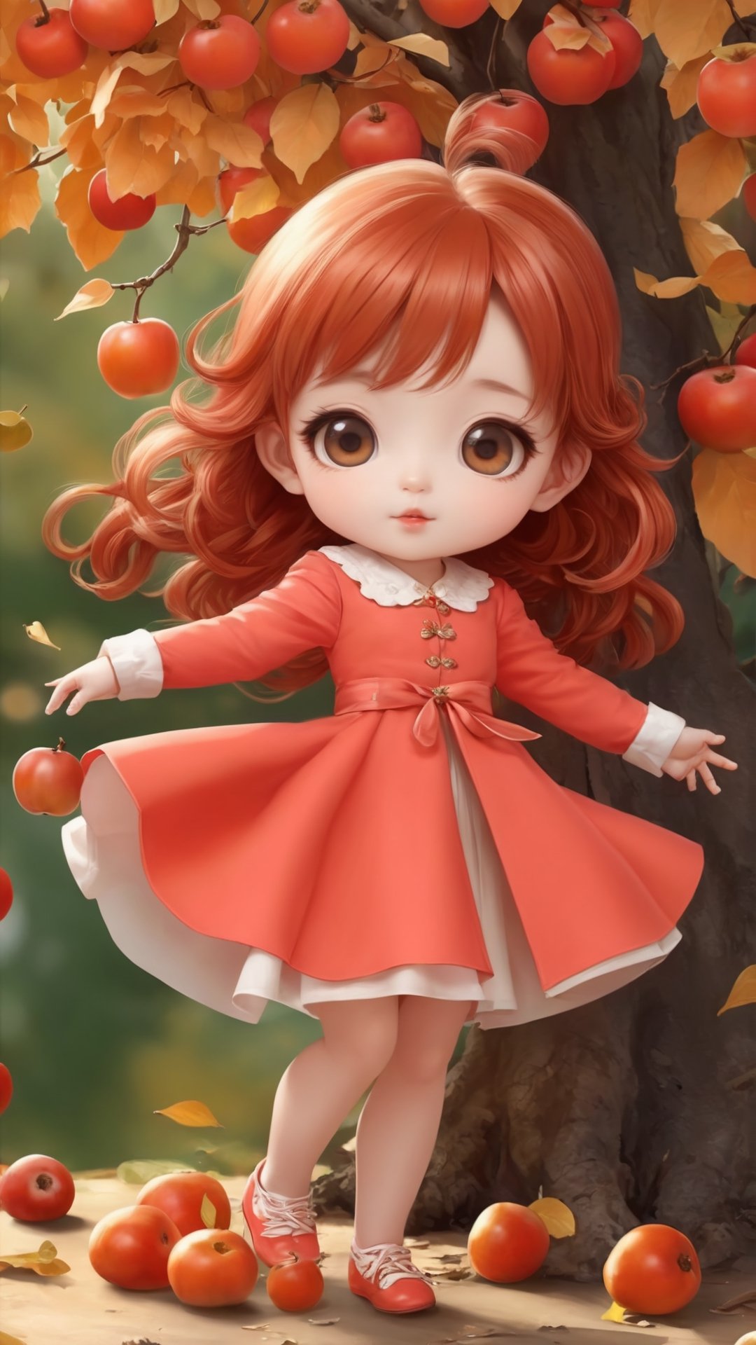 Side view, Autumn style, realistic high quality red Persimmon tree, apples full the branch, maple leaves falling, 1girl, big eyes so charming, happy, ((best quality)), ((masterpiece)), ((best quality)),  ((highres)), ((high quality)), ((ultra high quality)), ((ultra detailed)), 1girl, Coral hair, spiralcurl, Coral eyes, ((😄:2.0)), Coral dress, standing, ((Chibi)), ((baby face)),Chibi