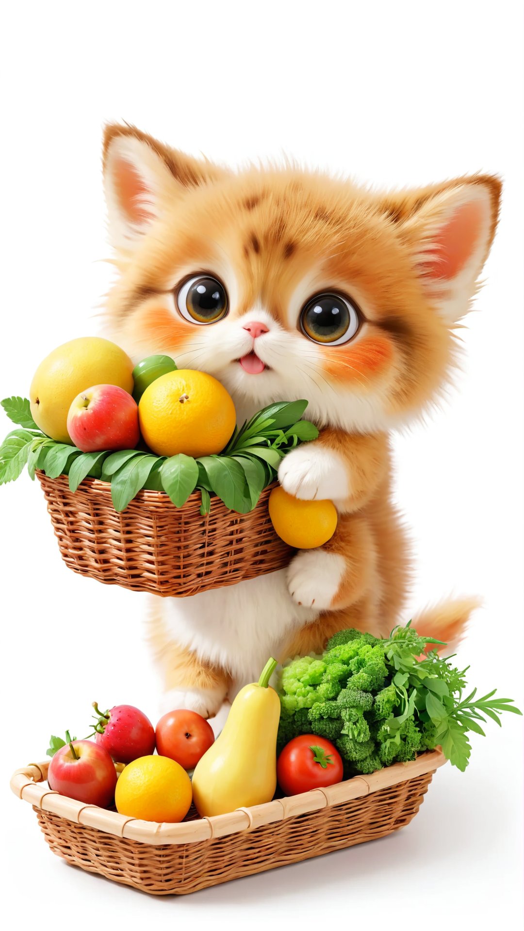 A cute fluffy big eyes so charming and adorable little fuzzy pet,  Carrying a basket full of fruits and vegetables and enj...