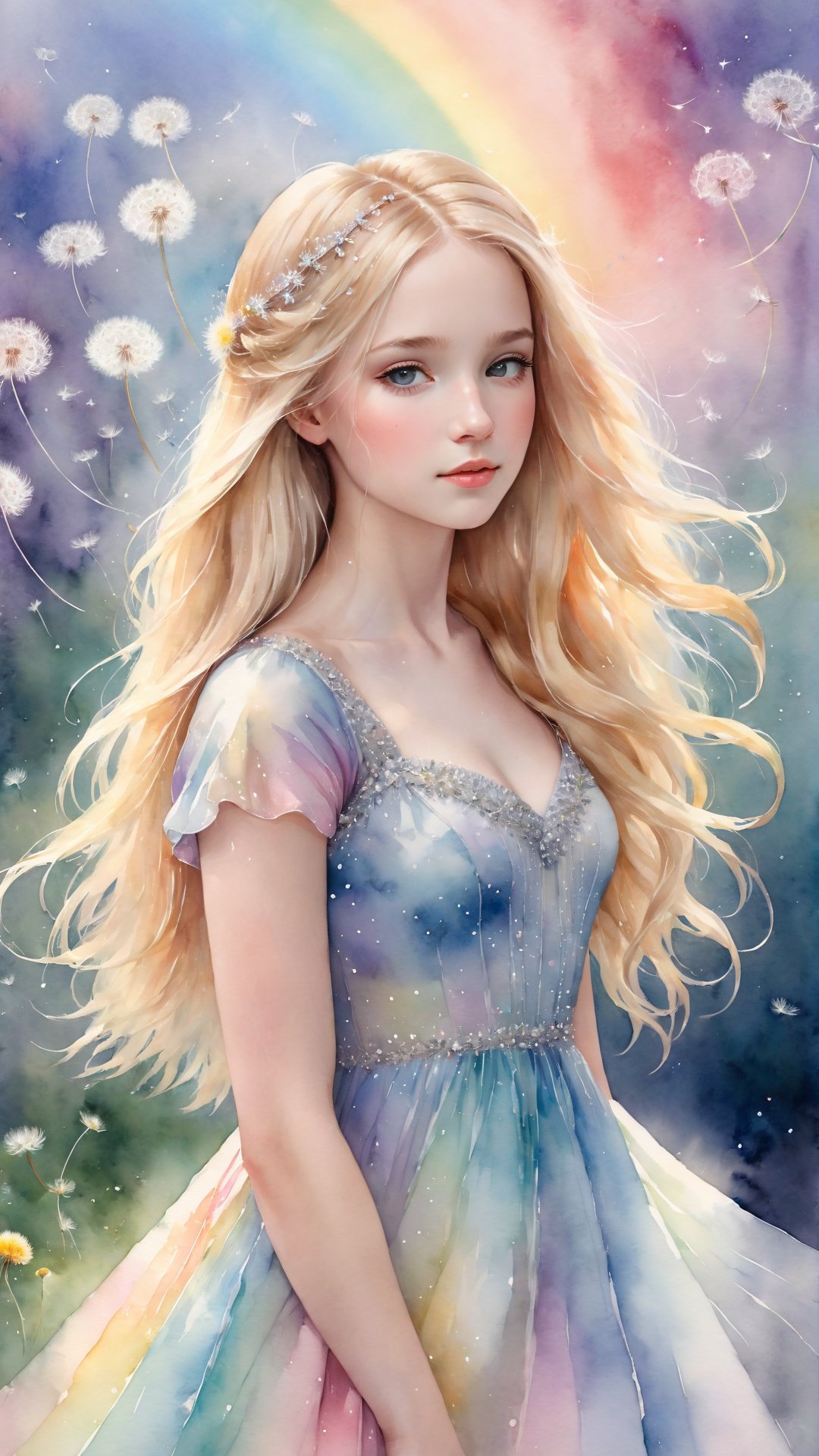 A mesmerizing English watercolor illustration of a tender and charming young girl with long blonde hair, adorned with delicate dandelions and pastel rainbow colored dress and accented with silver ink details. The girl stands gracefully amidst a gentle haze, surrounded by a blend of vibrant and soft lighting that creates an ethereal atmosphere. The high-resolution, 4K artwork captures intricate details and a lifelike portrayal of the scene, resulting in a visually captivating and aesthetically pleasing piece that transcends the boundaries of traditional color, illustration, poster, and conceptual art., conceptual art, illustration, painting, poster