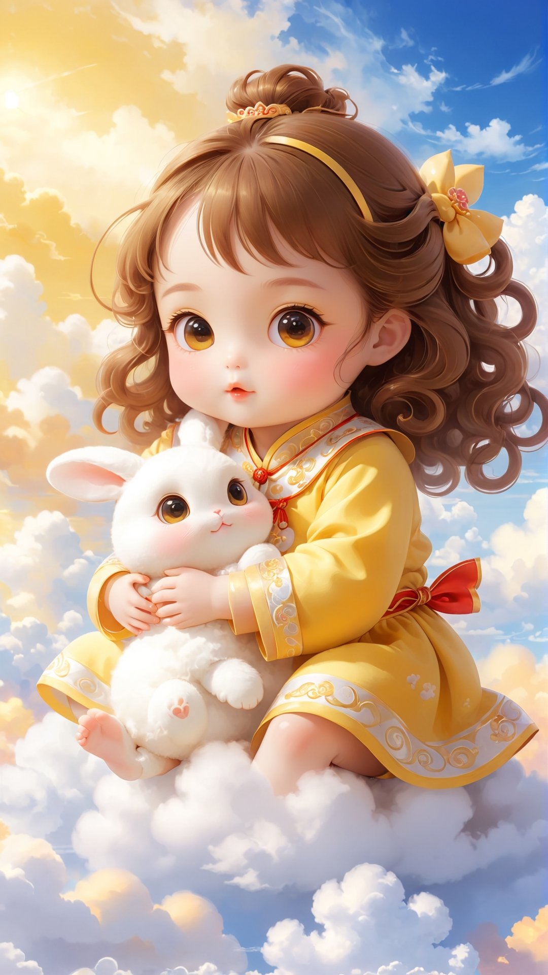 A cute little girl in yellow traditional Chinese is holding an adorable white rabbit baby,  sitting on the clouds with her...