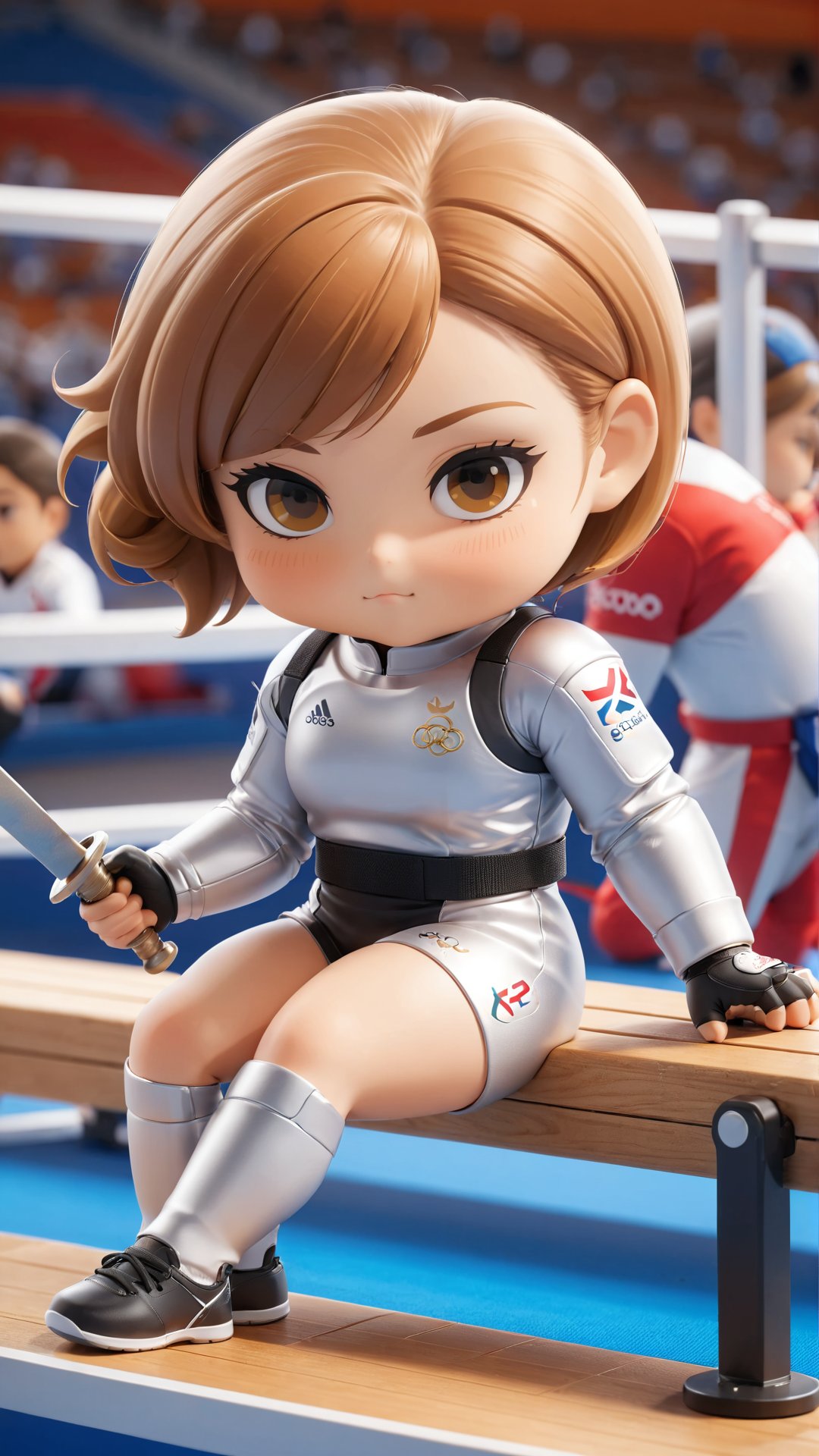 Masterpiece, 4K, ultra detailed, Chibi Art Style, beautiful female fencing athlete resting on side bench, Olympic competition, SFW, depth of field,