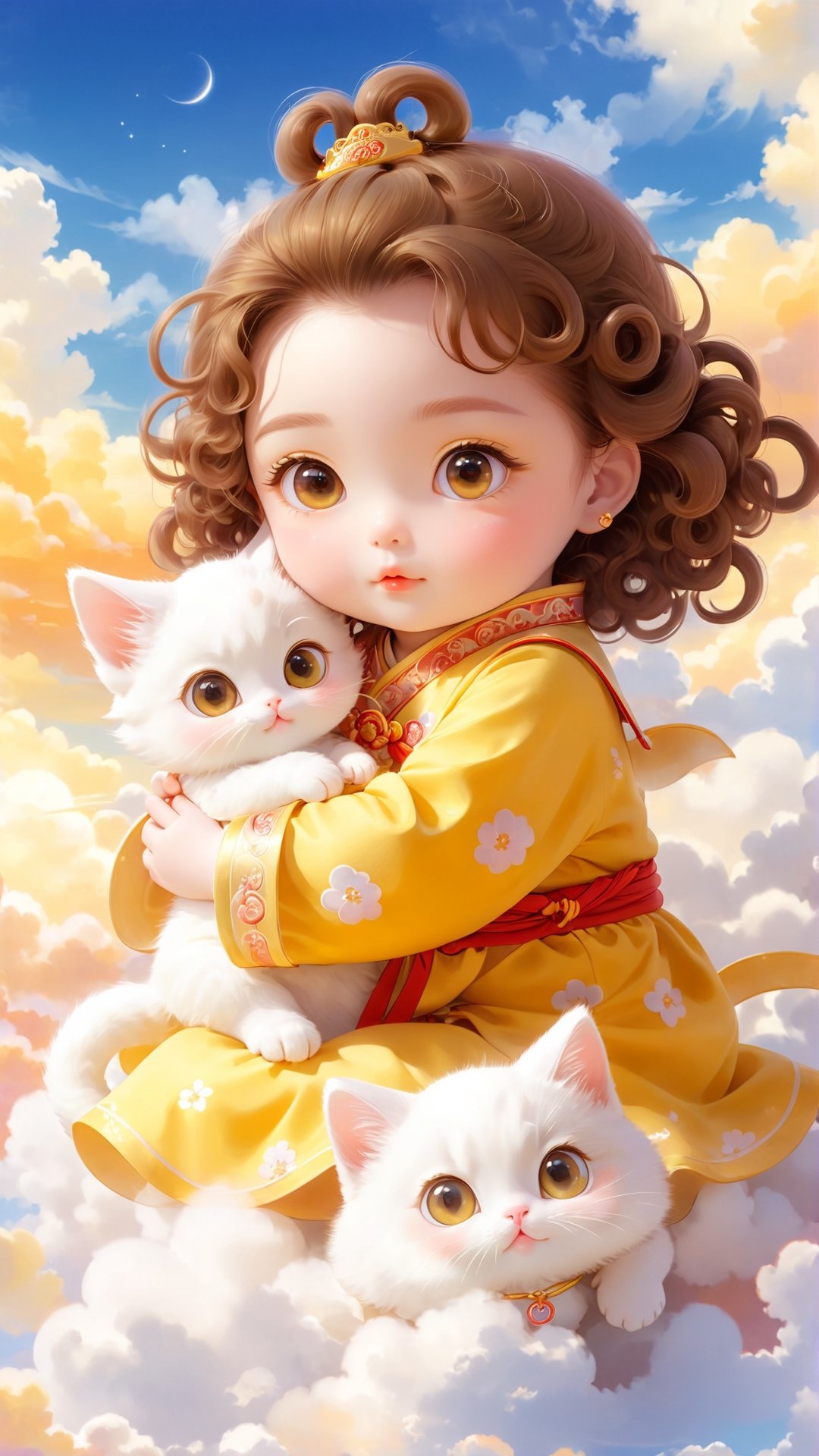 A cute little girl in yellow traditional Chinese is holding an adorable white kitten baby,  sitting on the clouds with her...