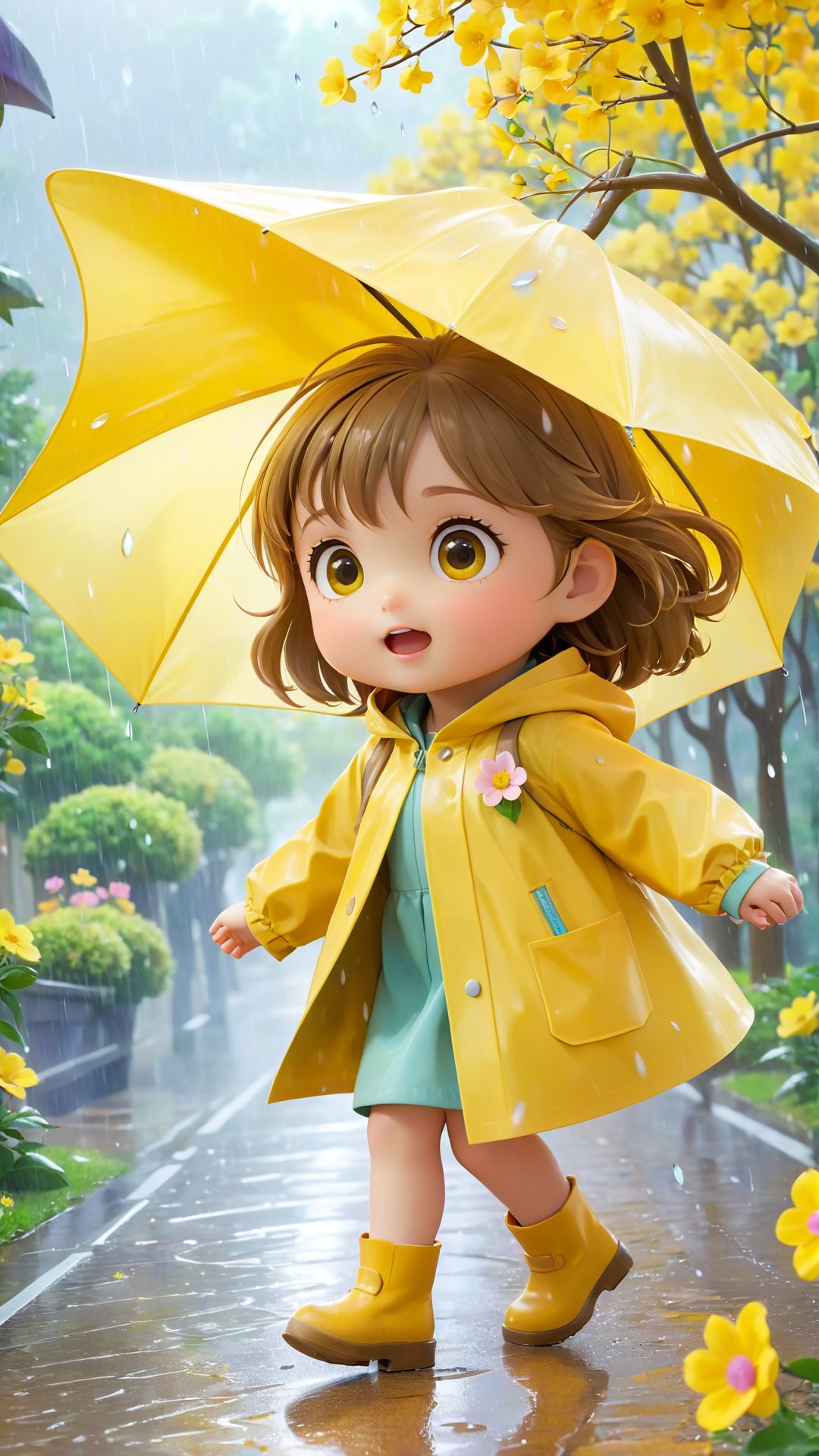 Pixar anime movie scene style,The typhoon is coming.The sky is clouded over, A beautiful eyes so charming and light brown hair adorable cute little girl is wearing a yellow raincoat and walking on the street in the wind and rain. The wind and rain are heavy, and the flowers and trees are bent by the wind and rain.Trees bent by the wind by the roadside as background.