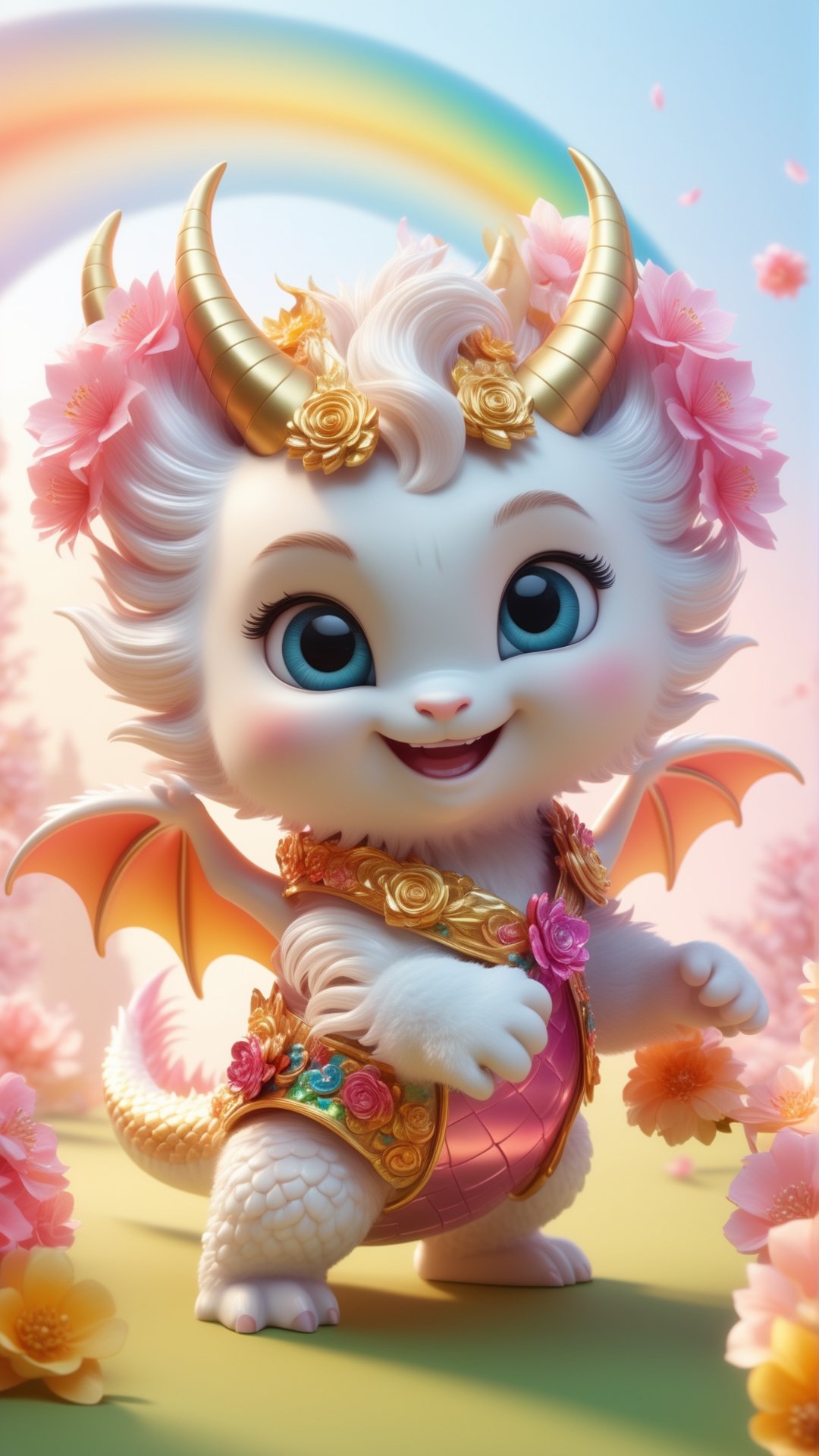 Cartoon character design, a rainbow-colored super cute chibi drago baby with a fluffy tail, wearing silver white New Year's dress, colorful bright big eyes, learning to walk, cute stance, two cute golden dragon horns on the head and two peach blossoms, enchanting, fluffy, shiny mane, petals, fairyism, pixar style, smile happily, anthropomorphic, Key Visual, Beautiful Back Lighting, Bright Pastel Colors, Soft and clean white pink background, trending on artstation, illusory engine 5 and octane render, high definition aesthetic pictures, 4k , hd 