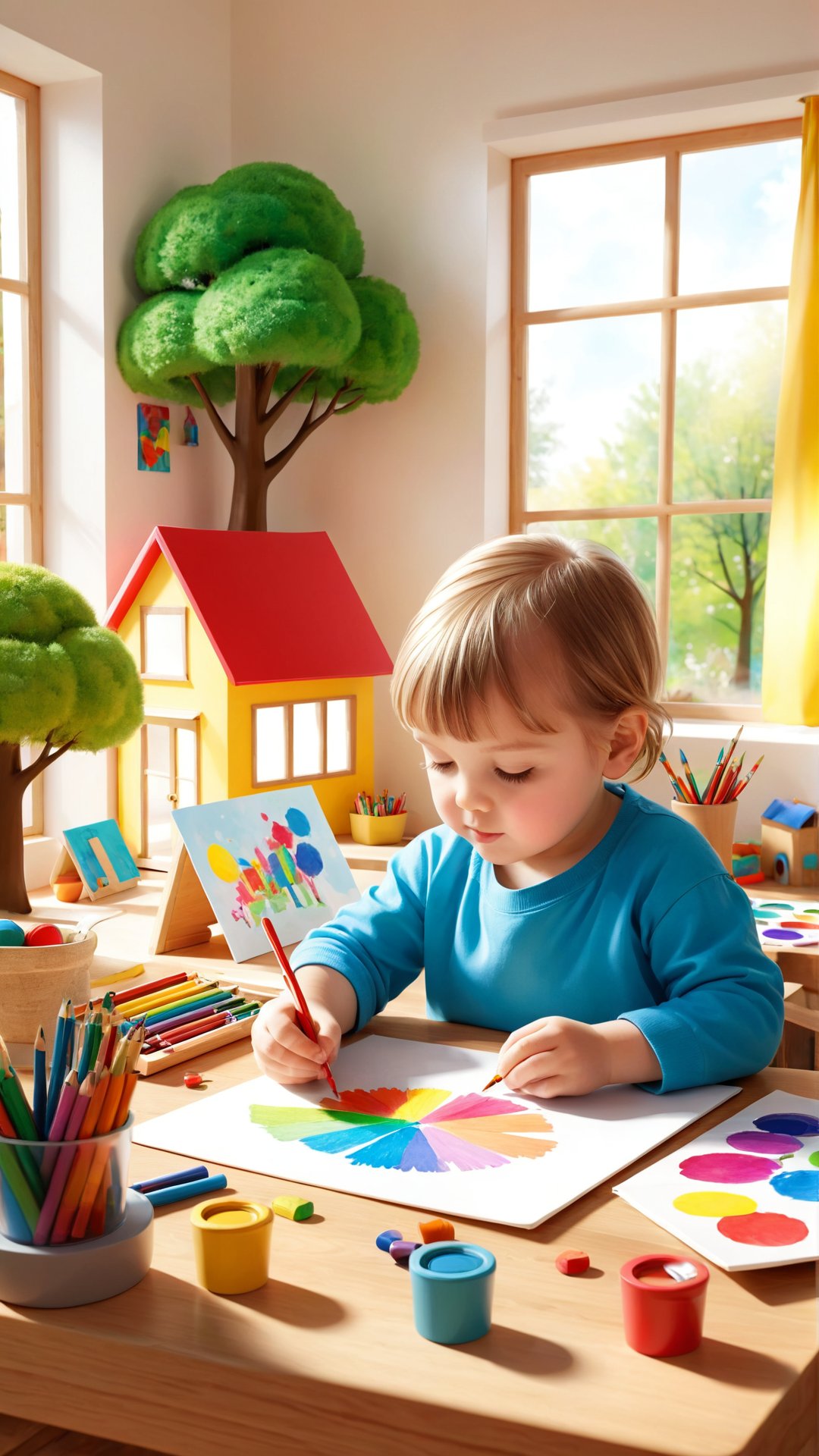 Imagine and create an engaging scene of a young child drawing at a cosy,  sunlit table filled with colourful art supplies....