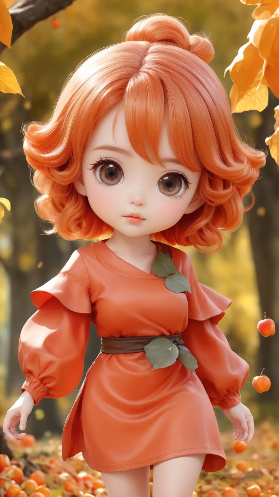 Side view, Autumn style, realistic high quality Persimmon tree, apples full the branch, maple leaves falling, 1girl, big eyes so charming, happy, ((best quality)), ((masterpiece)), ((best quality)),  ((highres)), ((high quality)), ((ultra high quality)), ((ultra detailed)), 1girl, Coral hair, spiralcurl, Coral eyes, ((😄:2.0)), Coral dress, standing, ((Chibi)), ((baby face)),Chibi