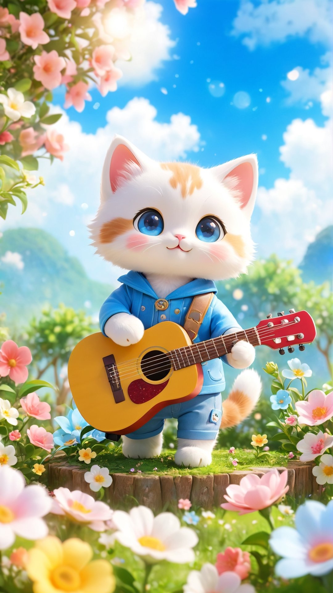 Chibi mascot includes the best quality, Beautiful soft light, (beautiful and delicate eyes), very detailed, Cute Kitten wears casual, playing the guitar in the flowers bloom garden, full body, real photo, cinematic,Xxmix_Catecat, lighting bokeh and flowers bokeh as background, blue sky and white clouds