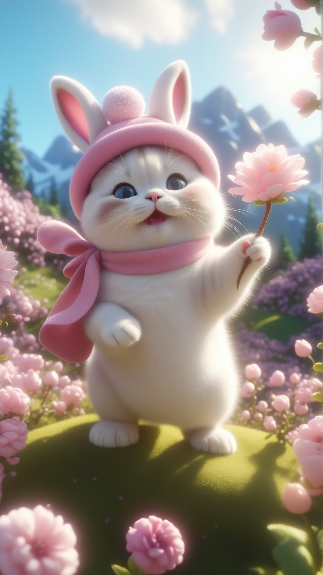 Pixar and Disney animation movie scene style, render style anime style, plum blooming, Cute chubby kitten wearing pink and white bunny hat, standing on the flowers branch, Serene, Art Hoe, Detailed Painting, adorable and lovely, fluffy and fat kitten, smile and happy, 😊 GoPro view, Blender rendering, Sharp, 