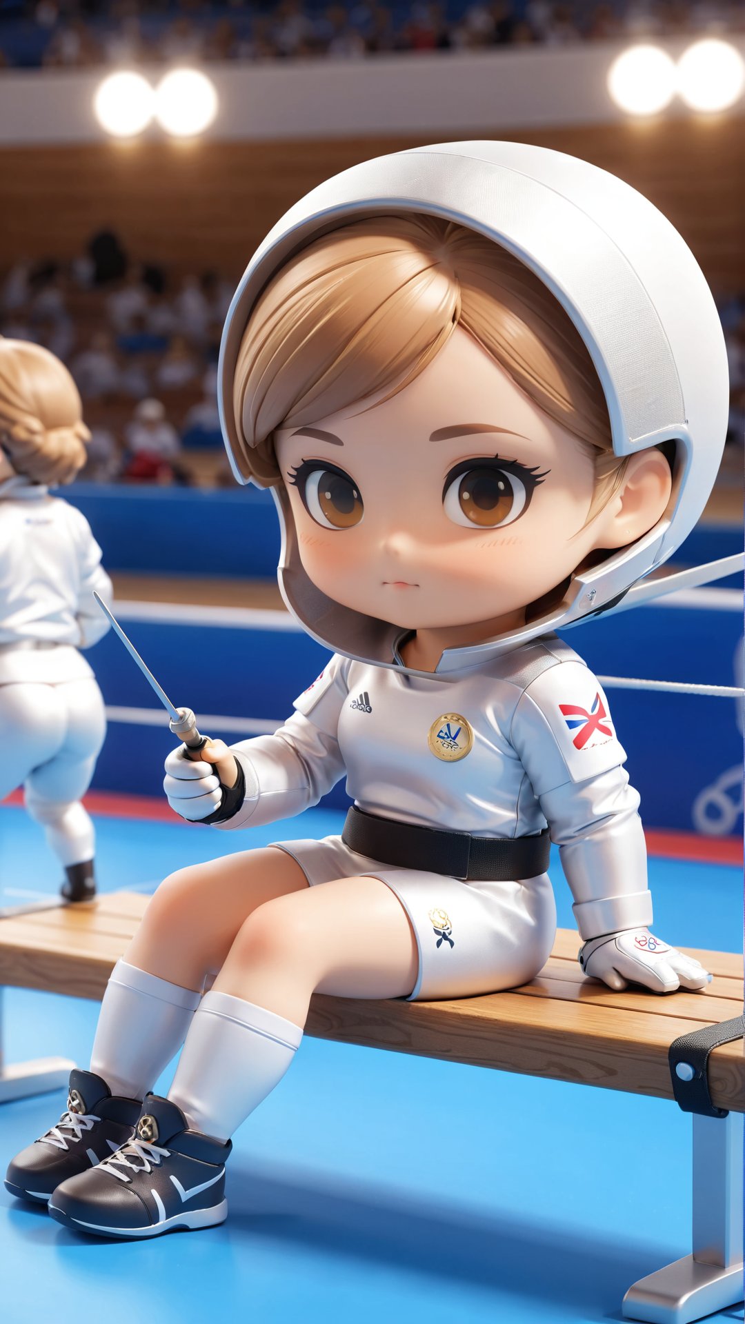 Masterpiece, 4K, ultra detailed, Chibi Art Style, beautiful female fencing athlete resting on side bench, Olympic competition, SFW, depth of field,