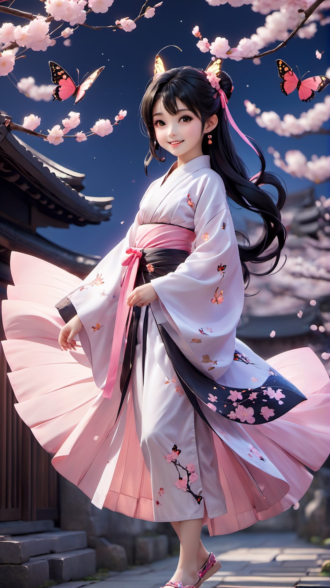 1girl, solo, smile, open mouth, black hair, hair ornament, long sleeves, twintails, full body, outdoors, japanese clothes, wings, sky, shoes, kimono, blurry, black eyes, tree, sash, night, obi, bug, short twintails, cherry blossoms, butterfly, child, star \(sky\), night sky, flying, pink footwear, fairy wings, female child, fairy, black kimono, architecture, east asian architecture, butterfly wings