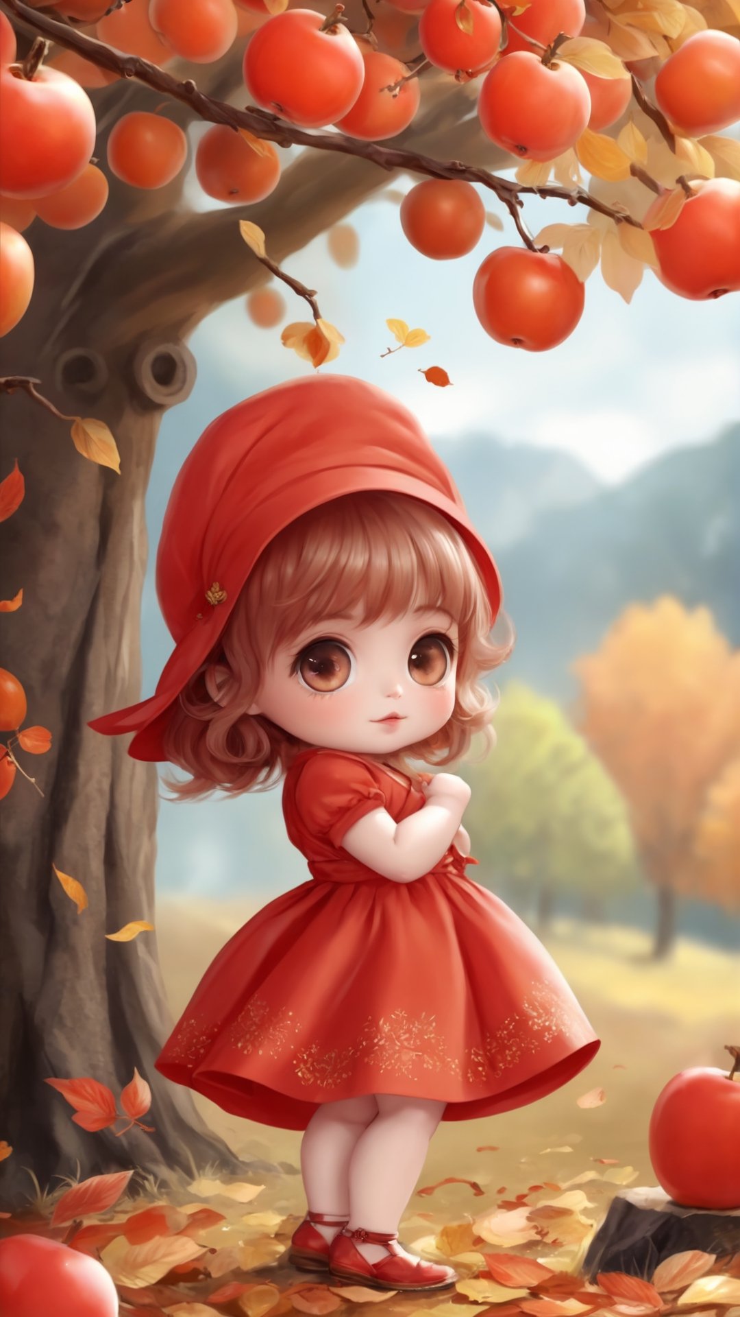 Side view, Autumn style, realistic high quality red Persimmon tree, apples full the branch, maple leaves falling, 1girl, big eyes so charming, happy, ((best quality)), ((masterpiece)), ((best quality)),  ((highres)), ((high quality)), ((ultra high quality)), ((ultra detailed)), 1girl, Coral hair, spiralcurl, Coral eyes, ((😄:2.0)), Coral dress, standing, ((Chibi)), ((baby face)),Chibi