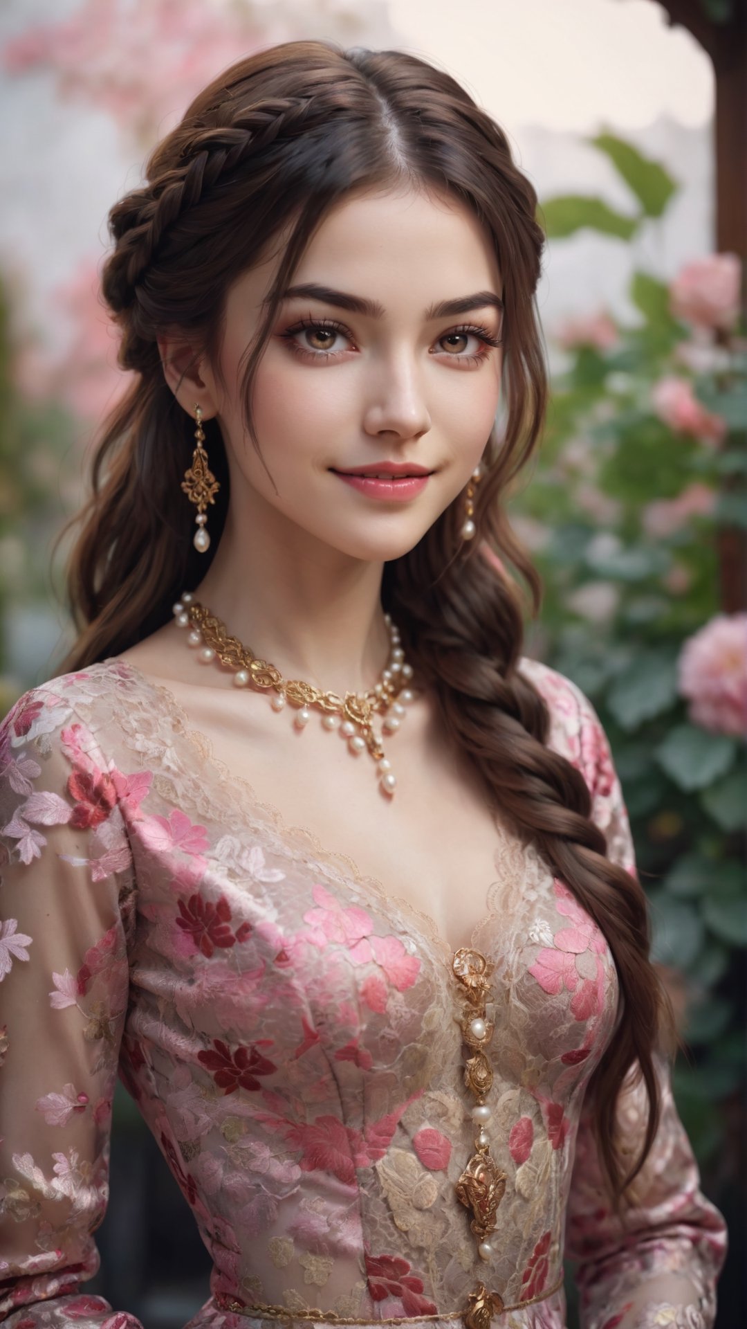 a beautiful promising woman posing lively, looking at viewer, 
in prestigious brocade lacy gown with long sleeves, botanical patterns, detailed dress, pearls, gold jewelry, dark braided hair, long hair, perfect eyes, kind smile, glossy lips, 
colorful tone, (black+brown+red+pink color:1.2), backyard backgound, soft lighting, natural daylight, uplight, 
a full body portrait, detailed portrait, 8k, RAW image, hd, highres, realistic, photo r3al, detailmaster2,