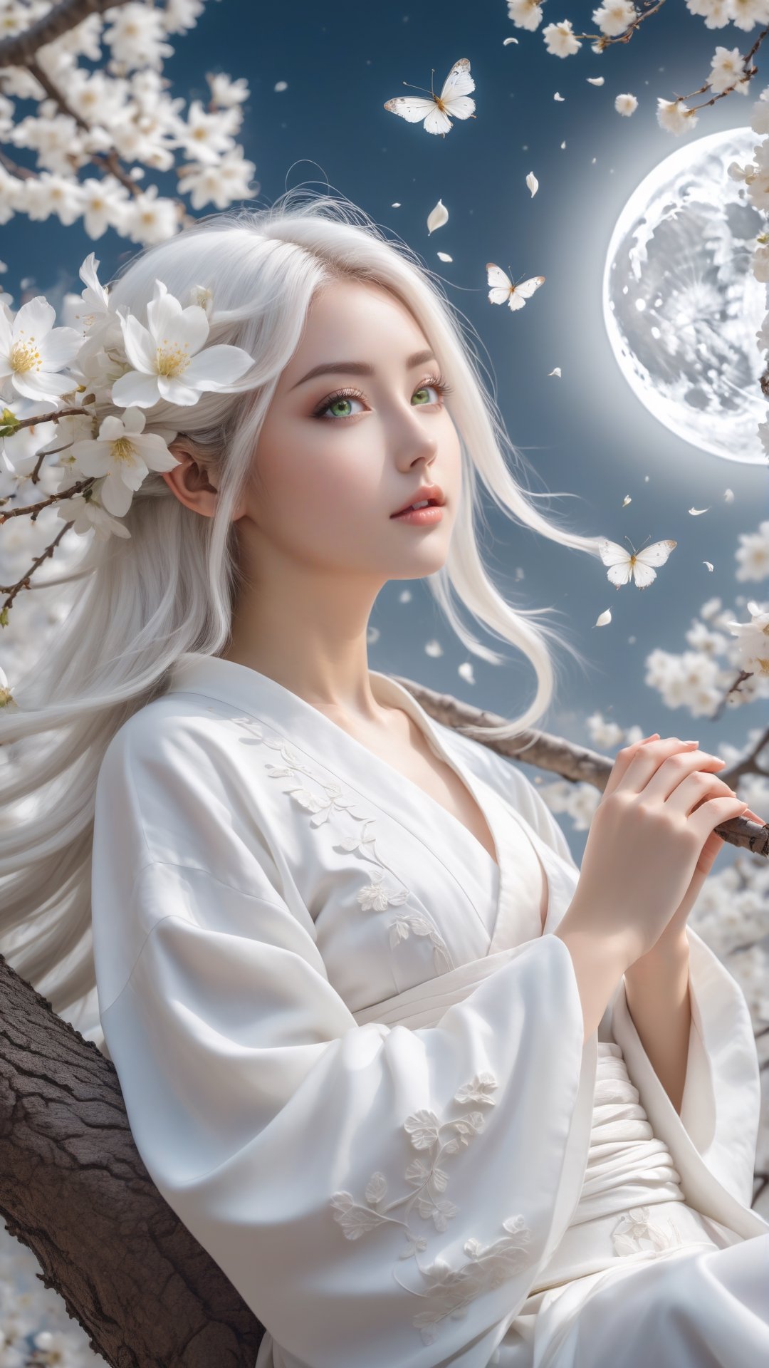 Full body, portrait photograph, art style, intricate Portrait of  beautiful Japanese girl ,siting on tree, paying flute with white flowy hair wearing a treditonal white , white dress with a silk vibrant white color, hyperdetailed face, hyperdetailed eyes, sharp focus on eyes, 8k UHD, work of beauty and inspiration, flowercore, wide angle  ,alberto seveso style ,A white  flower petals flying with the wind ,large full-moon background ,  glowing fractal art elements  hazel eyes,Anime ,photo r3al,teengirlmix,huayu