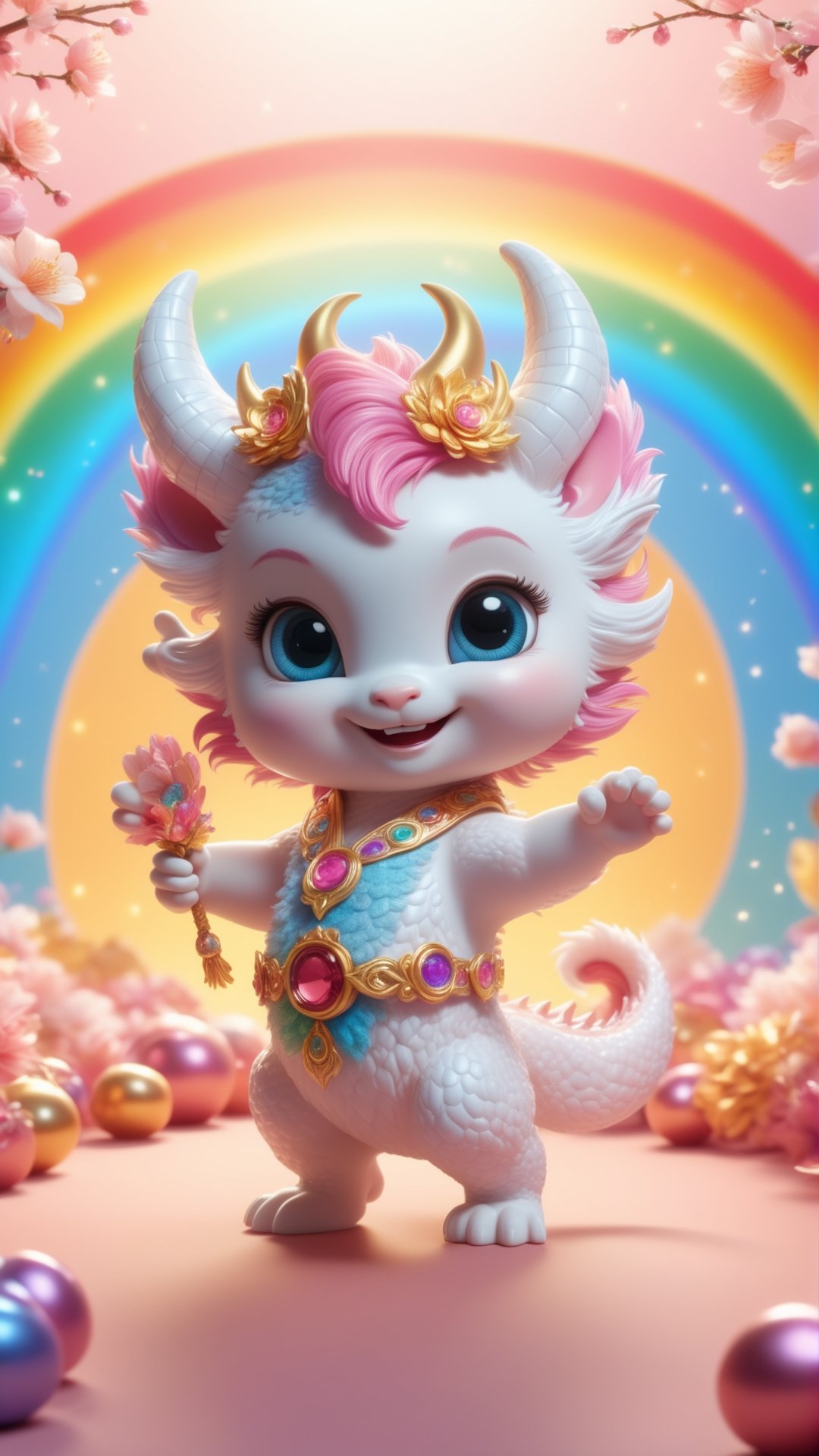 Cartoon character design, a rainbow-colored super cute chibi drago baby with a fluffy tail, wearing silver white New Year's dress, colorful bright big eyes, learning to walk, cute stance, two cute golden dragon horns on the head and two peach blossoms, enchanting, fluffy, shiny mane, petals, fairyism, pixar style, smile happily, anthropomorphic, Key Visual, Beautiful Back Lighting, Bright Pastel Colors, Soft and clean white pink background, trending on artstation, illusory engine 5 and octane render, high definition aesthetic pictures, 4k , hd 