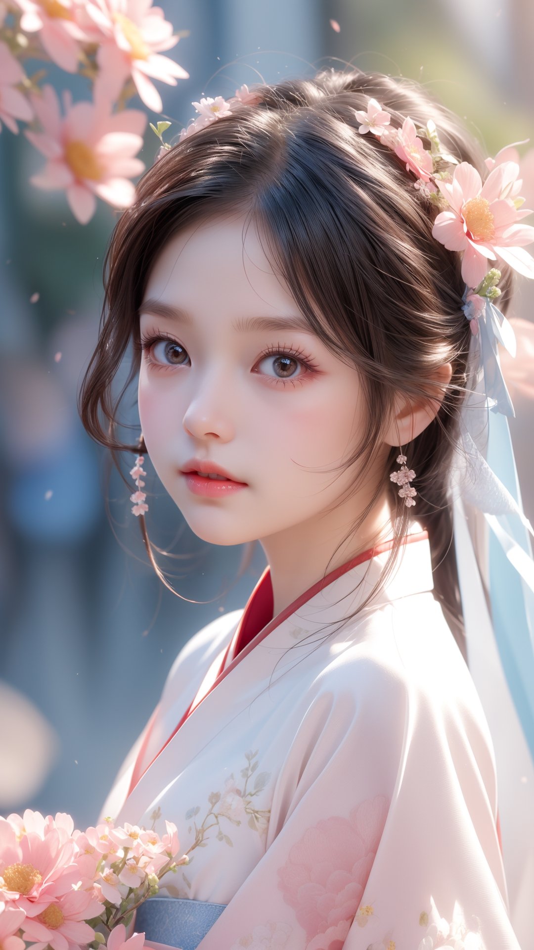 The flowers are blooming,  and a five-year-old girl is wearing a light pink Hanfu. She is very cute and has a cute and bea...