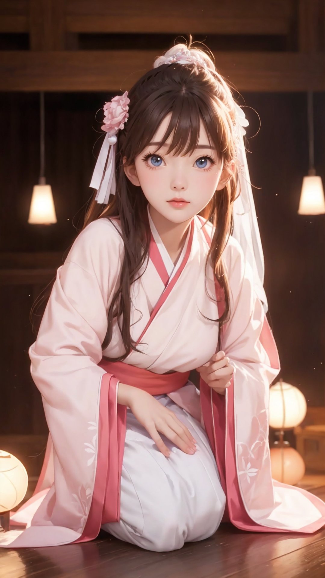 Pixar anime movie scene style, realistic high quality portrait photography, a beautiful charming eyes and perfect face girl wearing pink and white ruffles hanfu, lamps lighting soft, full body, depth of field.