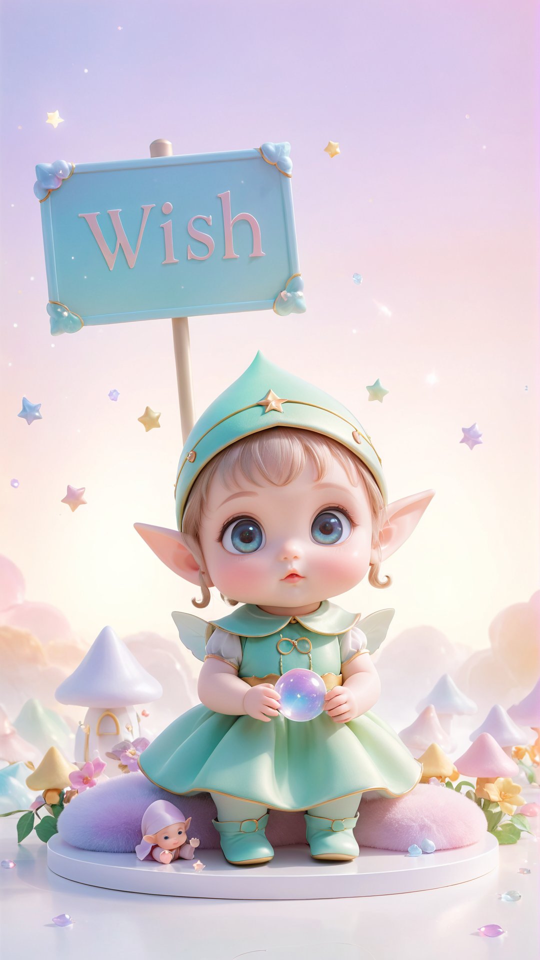 On a completely white background, a cute kawai style baby of an elf girl with big eyes, underneath a sign written "Wish". A tranquil dreamscape, displayed in delicate pastels colors, each tone harmonizing to create an ethereal and abstract symphony. Excellent representation. Magnificent image, ultra-detailed and hyper-realistic masterpiece, 4D, high quality portrait photography 