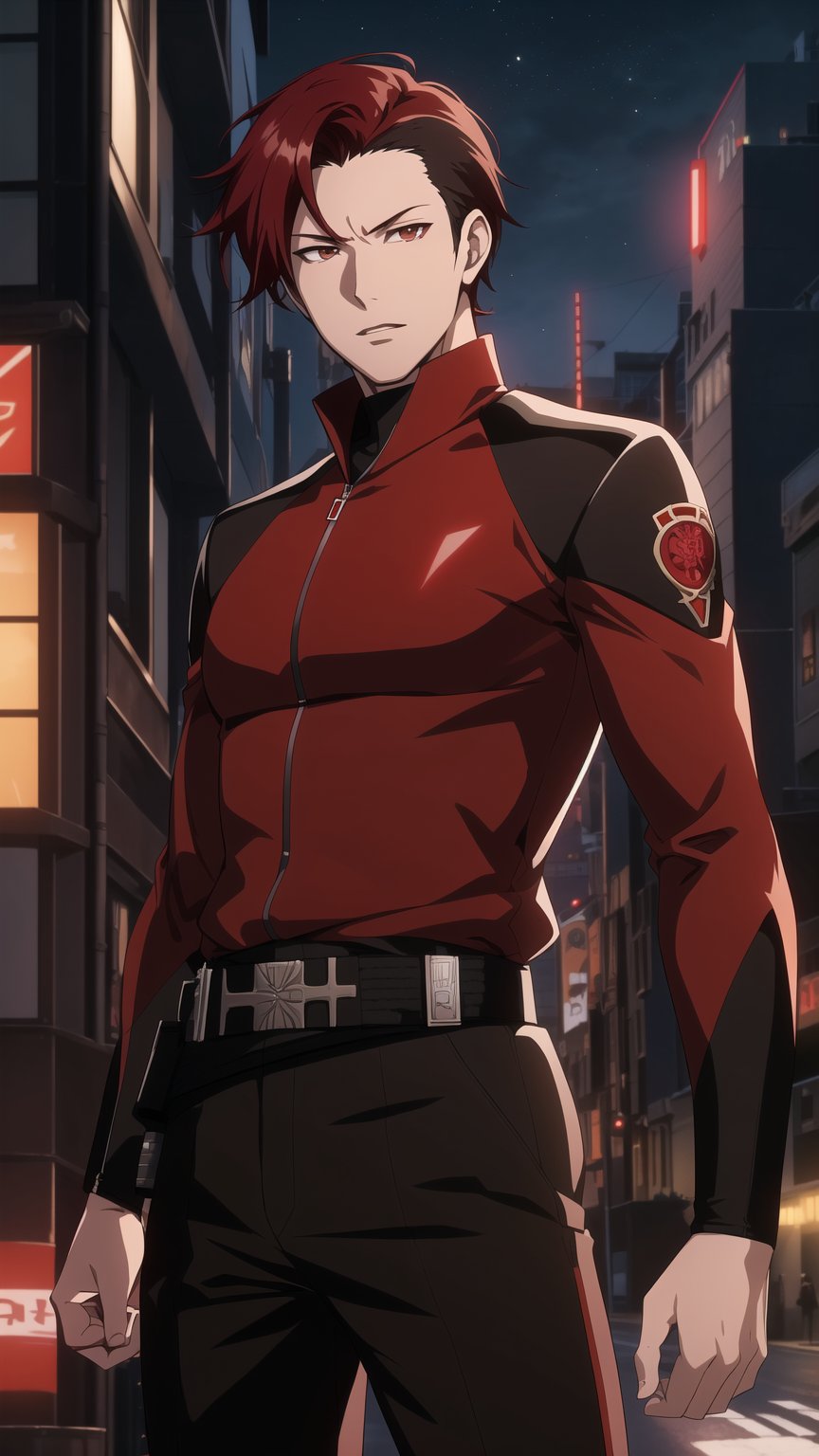 Anime-style Image of A Skillful 25-Year-Old Japanese Male Secret Agent, (Wavy Short Crimson Hair:1.2), (Pale Skin), (Brown Eyes), (Wearing Black and Red Sleek Tactical Outfit:1.4), (Modern City Road at Night:1.4), (Standing Pose:1.4), (Waist-Up Shot:1.4), (View From Front:1.2), Realistic Lighting, Intricate Face Detail, Intricate Hand Details, Vibrant Colors, Highly Detailed, High Definition, Trending on Artstation--style raw,castlevania style