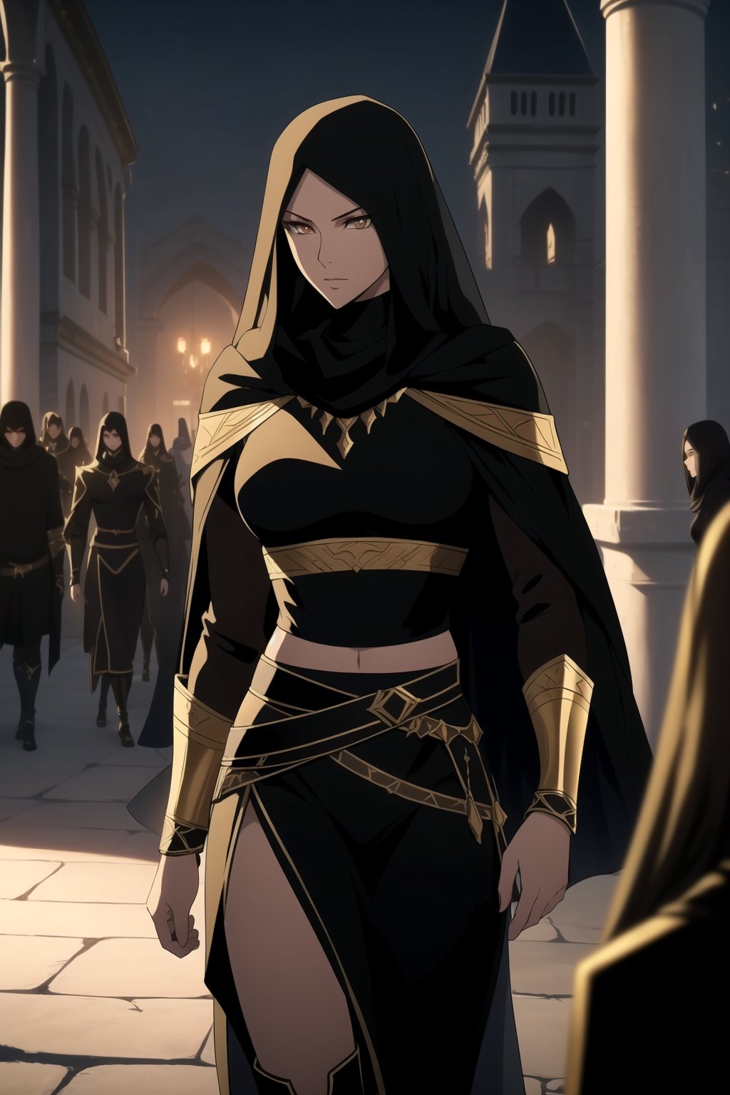 (A Gorgeous 25-Year-Old Middle-Eastern Female Assassin), (Long, Straight Black Hair), (Fair Skin), (Brownish Golden Eyes:1.4), (Wearing Black and Gold Assassin Outfit with Black Veil:1.4), (Desert Arabian City at Night), (Walking in the Crowds Pose:1.4), Centered, (Waist-up Shot:1.4), (From Front Shot:1.2), Insane Details, Intricate Face Detail, Intricate Hand Details, Cinematic Shot and Lighting, Realistic and Vibrant Colors, Masterpiece, Sharp Focus, Ultra Detailed, Realistic Drawing, Depth of Field, Incredibly Realistic Environment and Scene, Master Composition and Cinematography, castlevania style,castlevania style