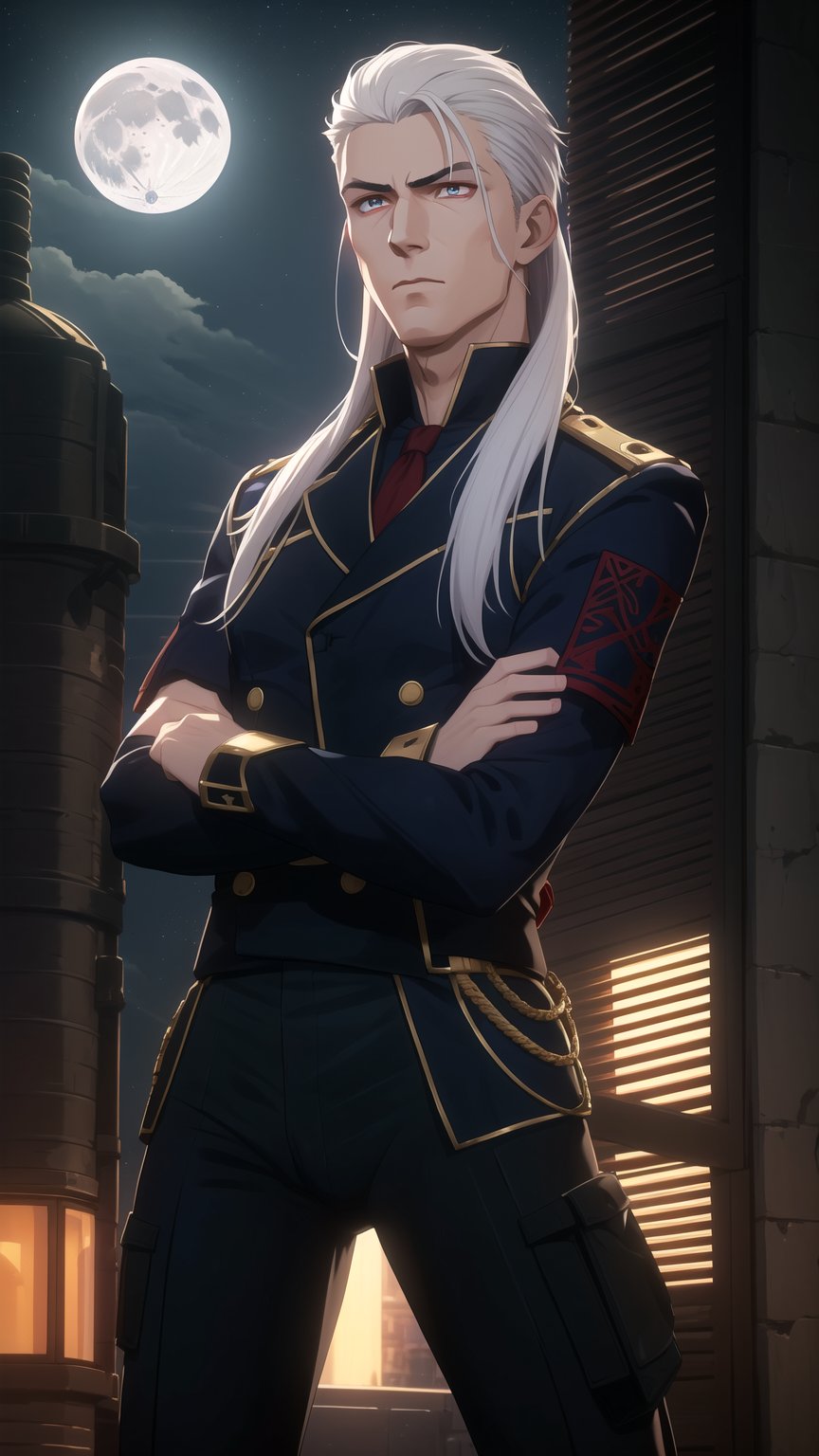 Anime-Style Image of A Handsome 25-Year-Old British Male Mercenary, (Long Flowing White Hair), (Pale Skin), (Crimson Eyes), (Wearing Navy Blue Tactical Attire and Black Long Pants:1.4), (Moonlit City Road at Night:1.2), (Crossed Arms Pose:1.4), (Waist Up Shot), (View From Front), Realistic Lighting, Intricate Face Detail, Intricate Hand Details, Vibrant Colors, Highly Detailed, High Definition, Trending on Artstation--style raw,arcane style