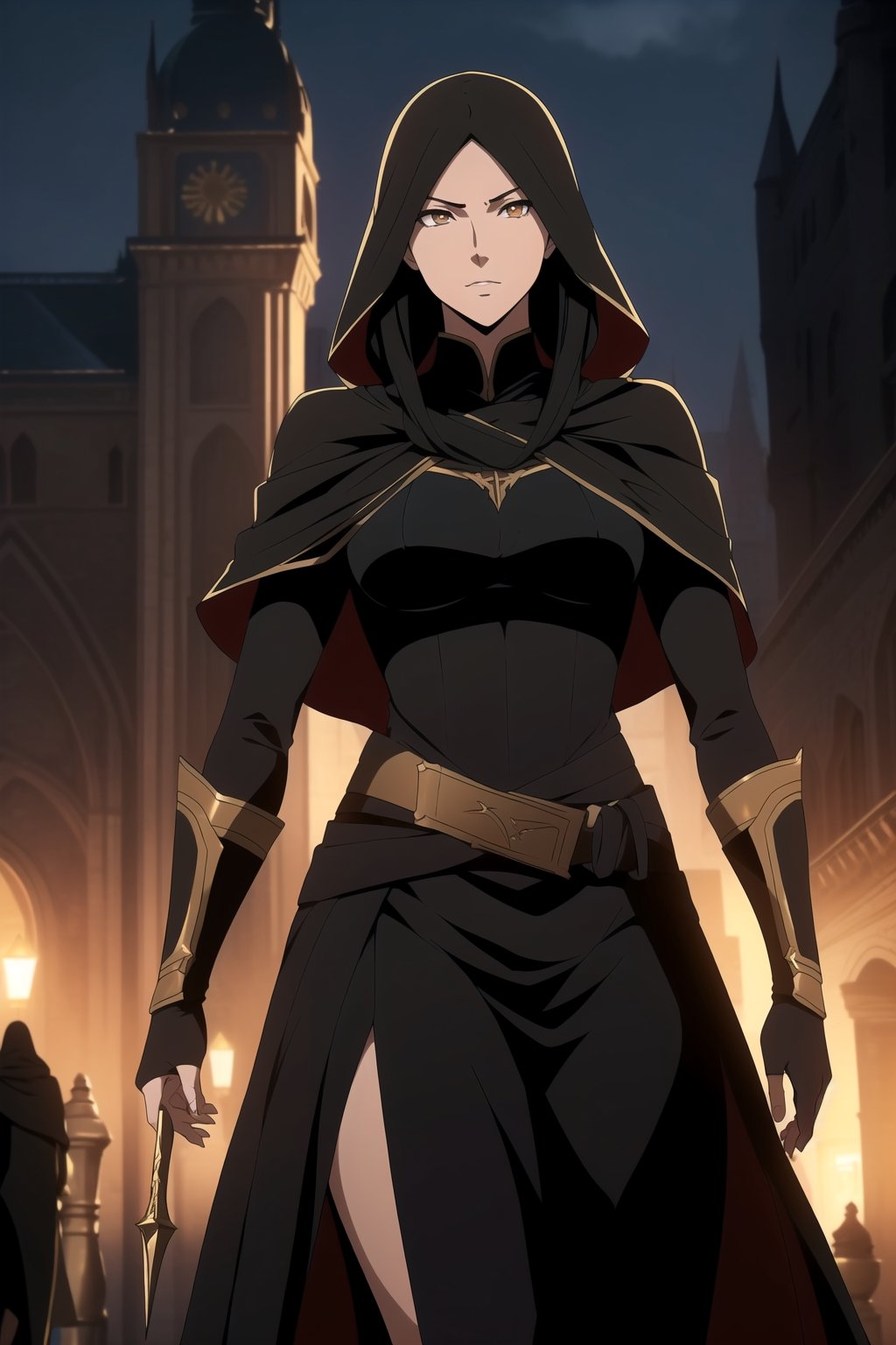 (A Gorgeous 25-Year-Old Middle-Eastern Female Assassin), (Long, Straight Black Hair), (Fair Skin), (Brownish Golden Eyes:1.4), (Wearing Black Veiled Assassin Outfit with Golden Lining:1.4), (Desert Arabian City at Night), (Walking in the Crowds Pose:1.4), Centered, (Waist-up Shot:1.4), (From Front Shot:1.2), Insane Details, Intricate Face Detail, Intricate Hand Details, Cinematic Shot and Lighting, Realistic and Vibrant Colors, Masterpiece, Sharp Focus, Ultra Detailed, Taken with DSLR Camera, Realistic Photography, Depth of Field, Incredibly Realistic Environment and Scene, Master Composition and Cinematography, castlevania style,castlevania style