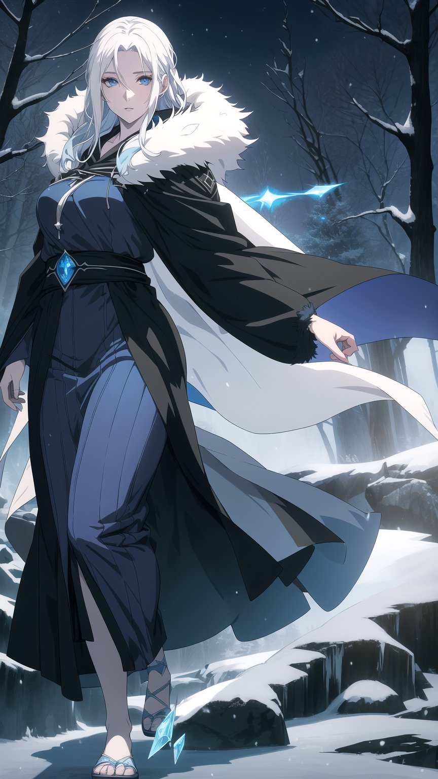 Anime-style Image of A Gorgeous 40-Year-Old Female Glacial Mage, (Unkempt White Hair), (Icy Blue Eyes:1.2), (Pale Skin), (Blue and Black Hooded Robe with Fur Cloak:1.4), (Mystical Snowy Forest at Night:1.2), (Walking Pose:1.2), (Waist-Up Shot), (View From Front:1.2), Realistic Lighting, Intricate Face Detail, Intricate Hand Details, Vibrant Colors, Highly Detailed, High Definition, Trending on Artstation--style raw,castlevania style