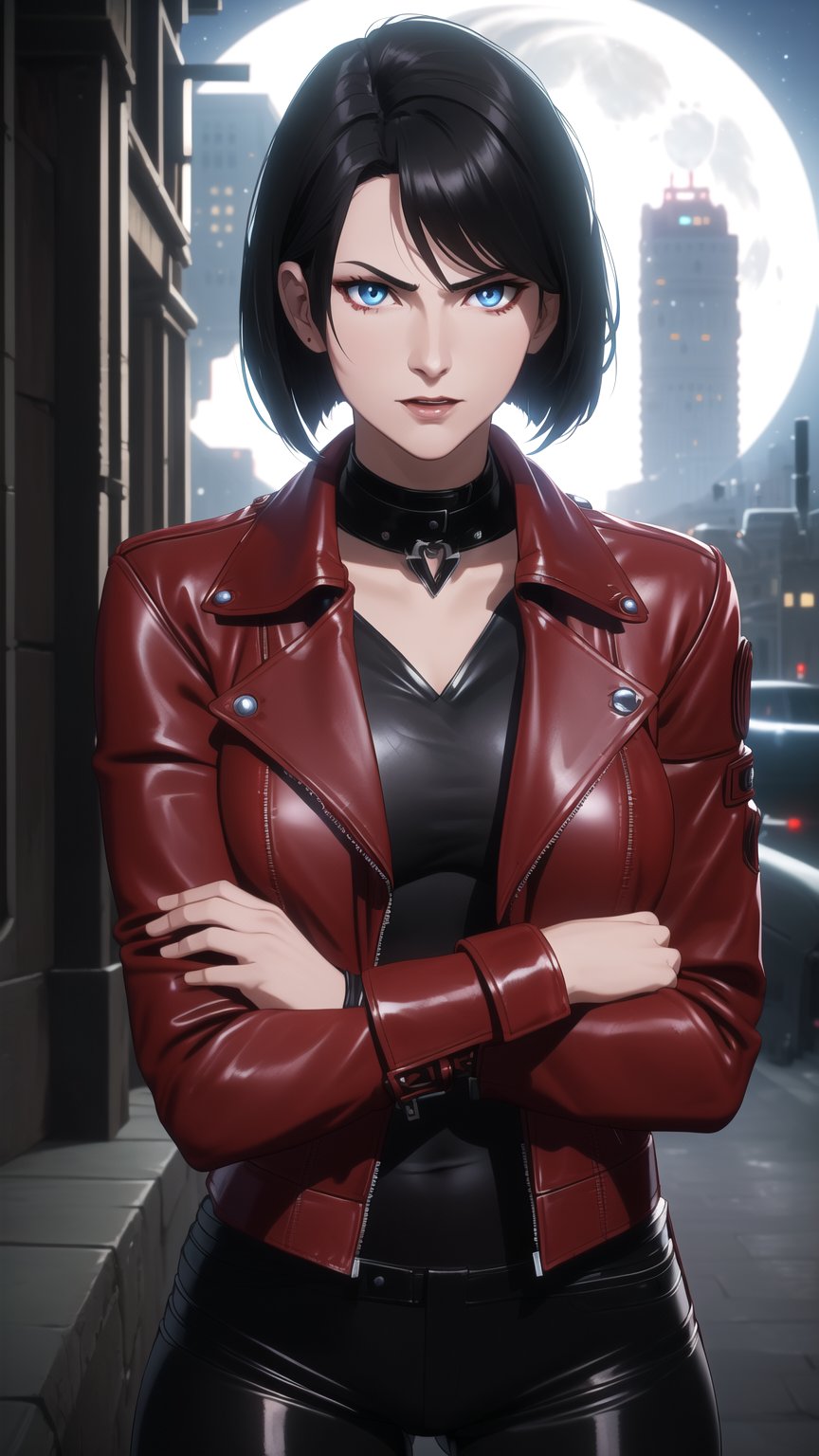 Anime-Style Image of A Gorgeous 25 Years Old British Female Vampire Mercenary, (Unkempt Bobcut Black Hair), (Pale Skin), (Blue Eyes), (Serious Face), (Wearing Red Leather Jacket, Black V-Neck Inner Shirt, and Black Tight Pants:1.4), (Moonlit City Road at Night:1.4), (Crossed Arms Pose), (Waist Up Shot), (View From Front), Realistic Lighting, Intricate Face Detail, Intricate Hand Details, Vibrant Colors, Highly Detailed, High Definition, Trending on Artstation--style raw,arcane style