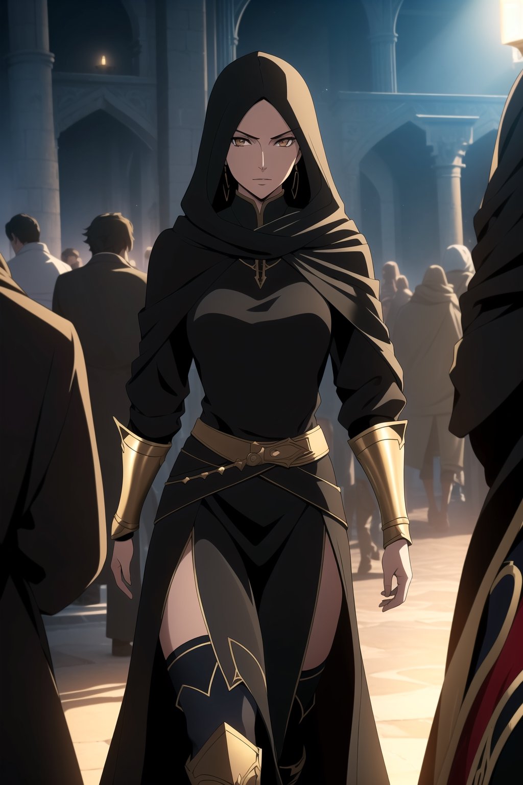 (A Gorgeous 25-Year-Old Middle-Eastern Female Assassin), (Long, Straight Black Hair), (Fair Skin), (Brownish Golden Eyes:1.4), (Wearing Black Veiled Assassin Outfit with Golden Lining:1.4), (Desert Arabian City at Night), (Walking in the Crowds Pose:1.4), Centered, (Waist-up Shot:1.4), (From Front Shot:1.2), Insane Details, Intricate Face Detail, Intricate Hand Details, Cinematic Shot and Lighting, Realistic and Vibrant Colors, Masterpiece, Sharp Focus, Ultra Detailed, Taken with DSLR Camera, Realistic Photography, Depth of Field, Incredibly Realistic Environment and Scene, Master Composition and Cinematography, castlevania style,castlevania style