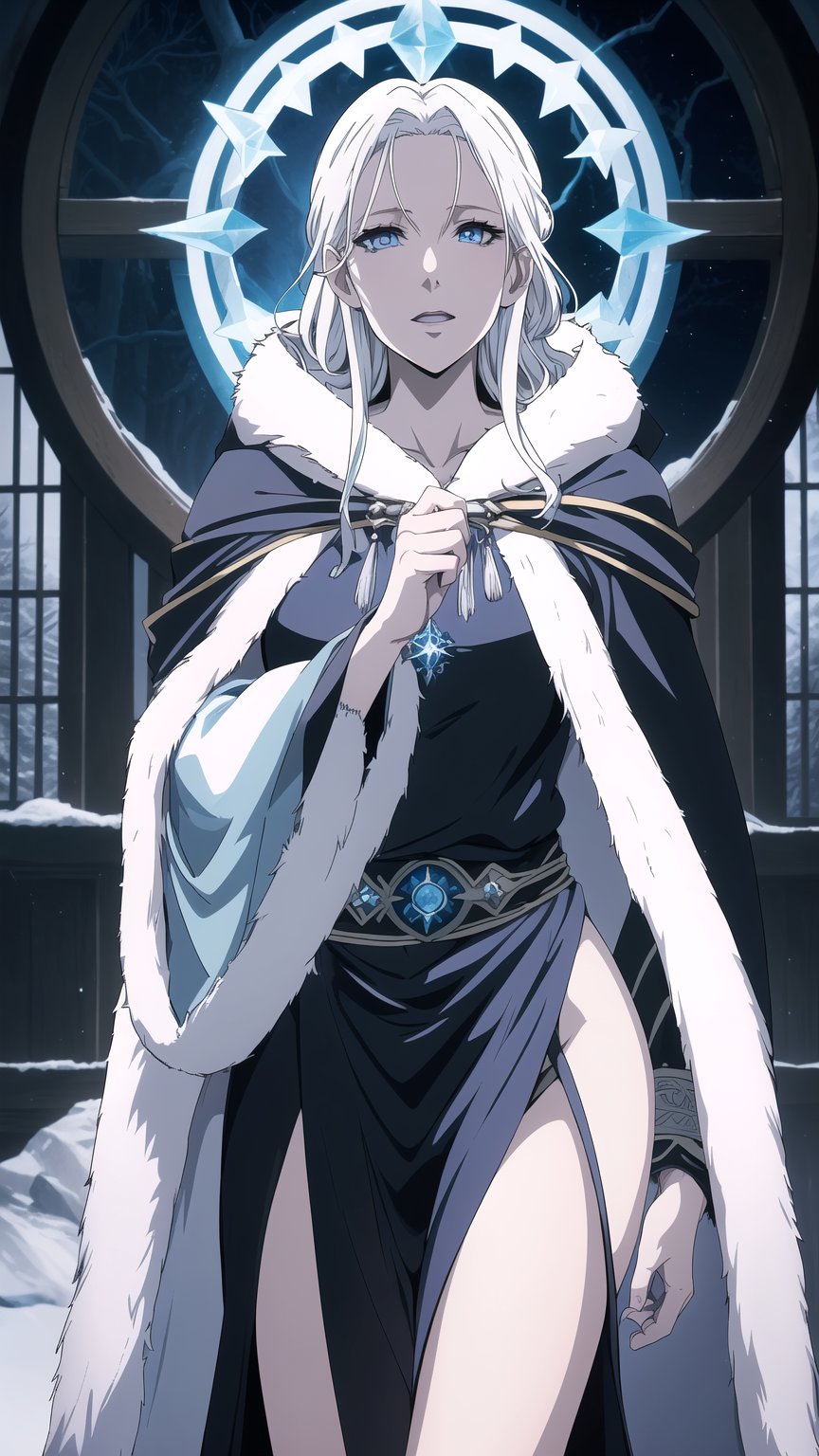 Anime-style Image of A Gorgeous 40-Year-Old Female Glacial Mage, (Unkempt White Hair), (Icy Blue Eyes:1.2), (Pale Skin), (Blue and Black Hooded Robe with Fur Cloak:1.4), (Mystical Snowy Forest at Night:1.2), (Casting a Spell from her Hand:1.4), (Waist-Up Shot), (View From Front:1.2), Realistic Lighting, Intricate Face Detail, Intricate Hand Details, Vibrant Colors, Highly Detailed, High Definition, Trending on Artstation--style raw,castlevania style