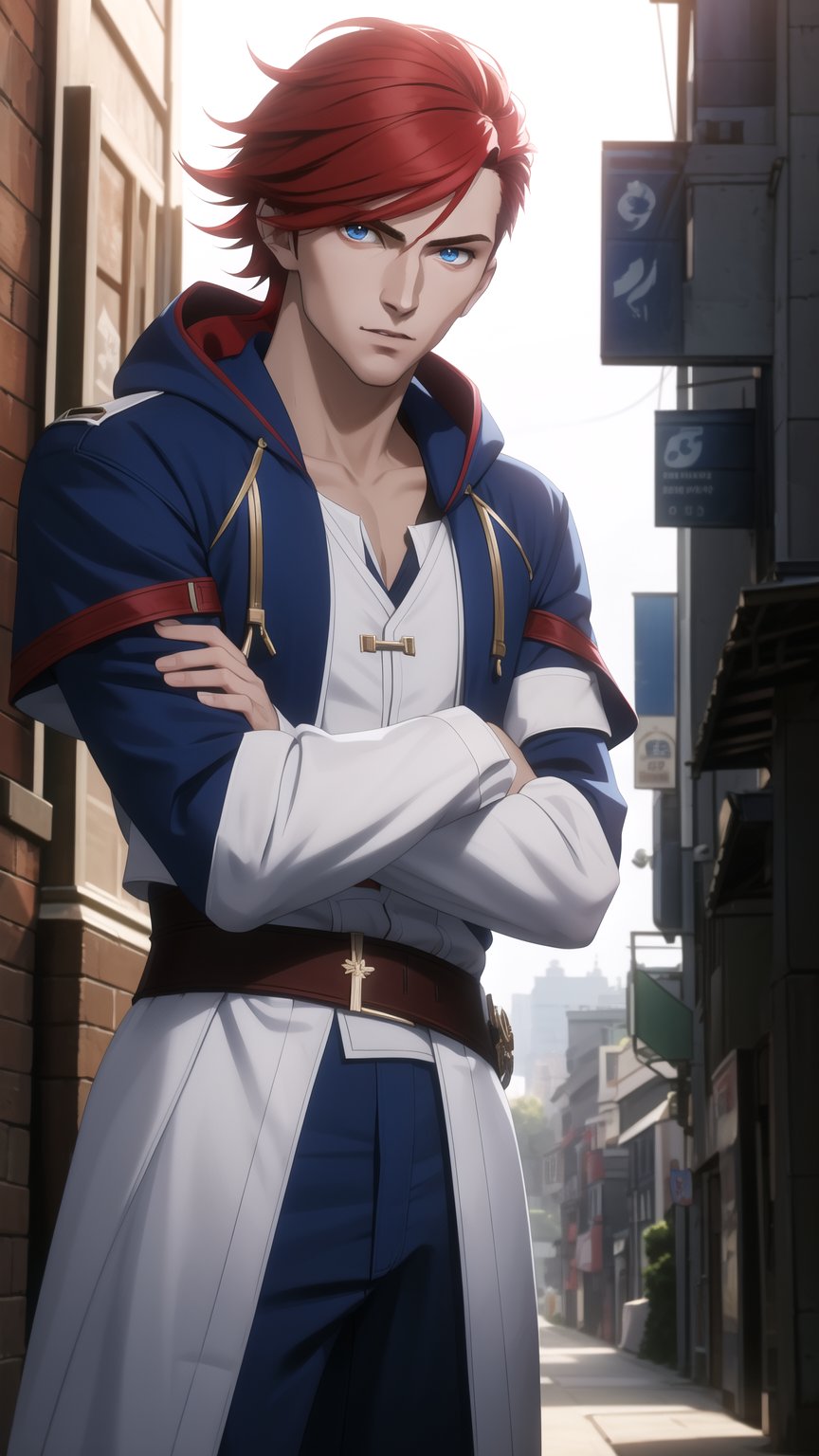 Anime-Style Image of A Handsome 25-Year-Old British Male Vampire Slayer, (Messy Short Red Hair:1.2), (Pale Skin), (Blue Eyes), (Wearing White and Blue Hooded Assassin Outfit:1.2), (Modern City Road at Noon), (Crossed Arms Pose:1.2), (Waist Up Shot), (View From Front), Realistic Lighting, Intricate Face Detail, Intricate Hand Details, Vibrant Colors, Highly Detailed, High Definition, Trending on Artstation--style raw,arcane style