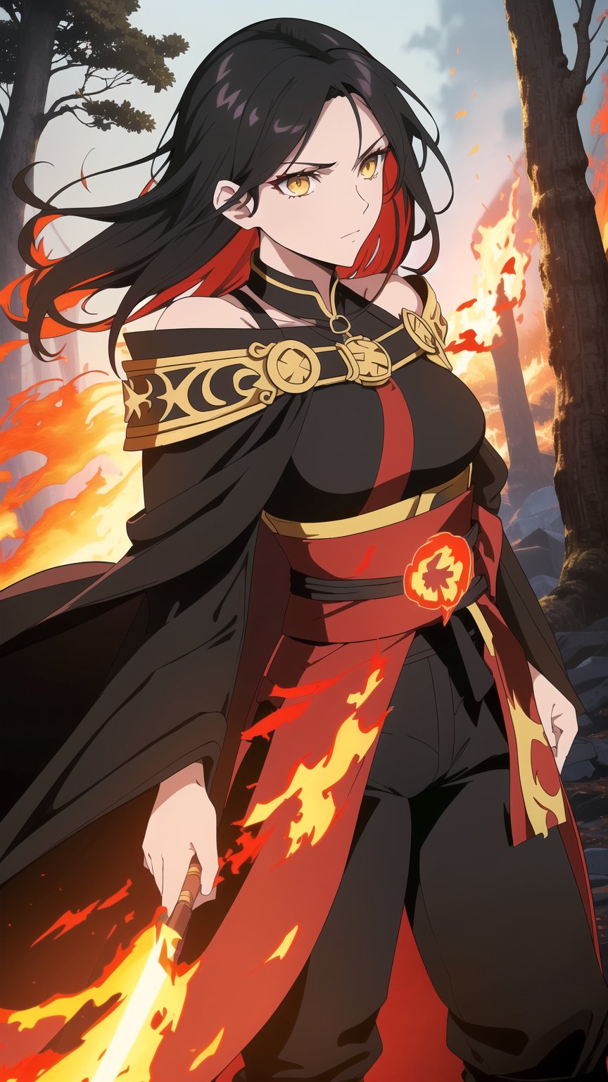 Anime-style Image of A Powerful 25-Year-Old Greek Female Fire Mage, (Messy Shoulder-length Black Hair:1.4), (Yellow Eyes), (Fair Skin), (Wearing Red and Black Ornated Robe and Black Tight Pants:1.4), (Fiery Forest at Night:1.4), (Standing, Casting a Fire Spell:1.4), (Waist-Up Shot:1.4), (View From Front:1.2), Realistic Lighting, Intricate Face Detail, Intricate Hand Details, Vibrant Colors, Highly Detailed, High Definition, Trending on Artstation--style raw,castlevania style