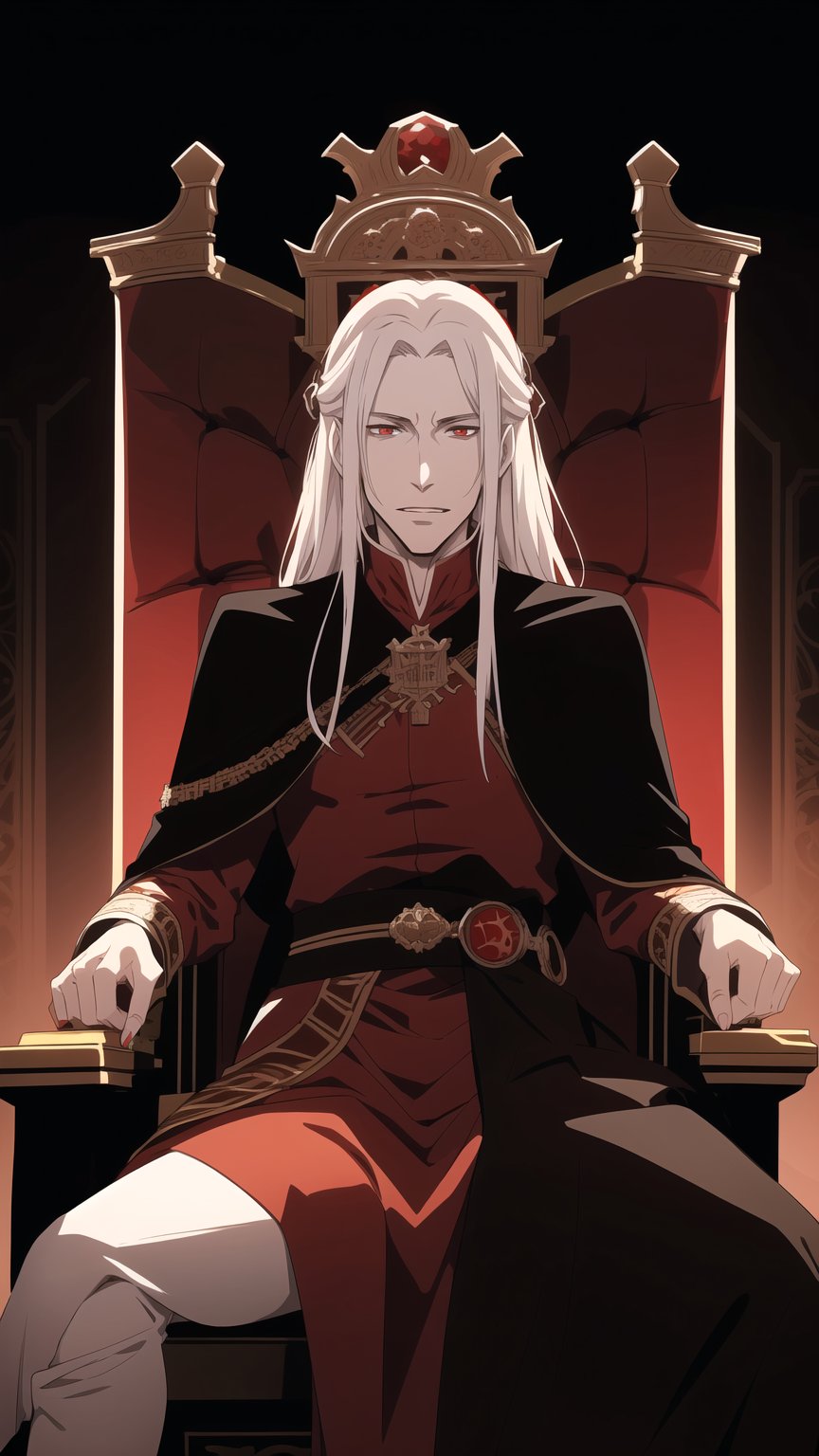 Anime-style Image of A Fierce 30-Year-Old Male Vampire Lord, (Messy Long White Hair), (Pale Skin), (Small Grin:1.2), (Dark Red Eyes), (Wearing Full Black Royal Attire:1.4), (Red Castle Hall at Night:1.2), (Sitting on Throne:1.4), (Waist-Up Shot), (View From Front:1.2), Realistic Lighting, Intricate Face Detail, Intricate Hand Details, Vibrant Colors, Highly Detailed, High Definition, Trending on Artstation--style raw,castlevania style