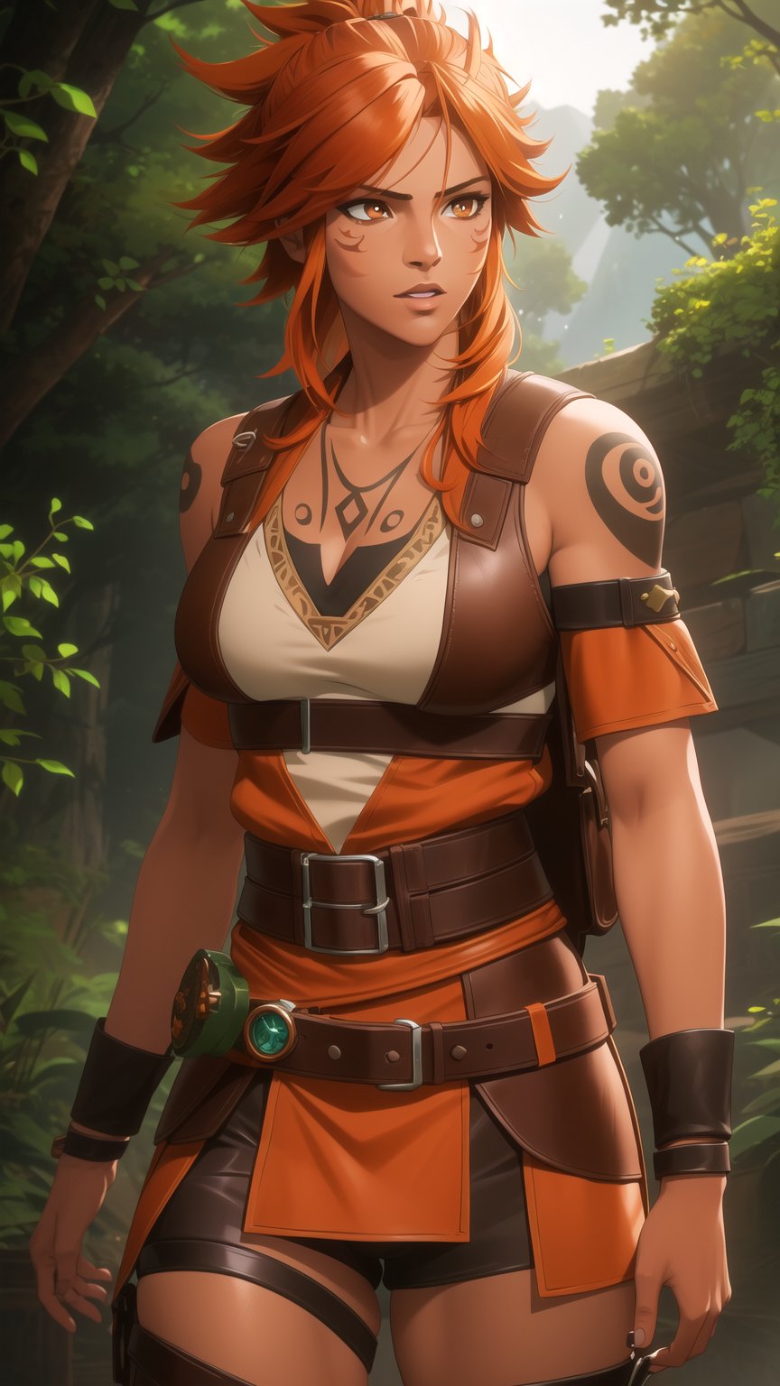 Anime-Style Image of An Energetic 25-Year-Old Female Werewolf Tracker, (Long Unkempt Dark Orange Hair), (Amber Wolfish Eyes), (Tanned Skin with Tribal Tattoos), (Wearing Brown Tracker's Leather Attire:1.2), (Hunting Grounds in the Wild:1.2), (Walking Pose:1.2), (Waist Up Shot), (View From Front), Realistic Lighting, Intricate Face Detail, Intricate Hand Details, Vibrant Colors, Highly Detailed, High Definition, Trending on Artstation--style raw,arcane style